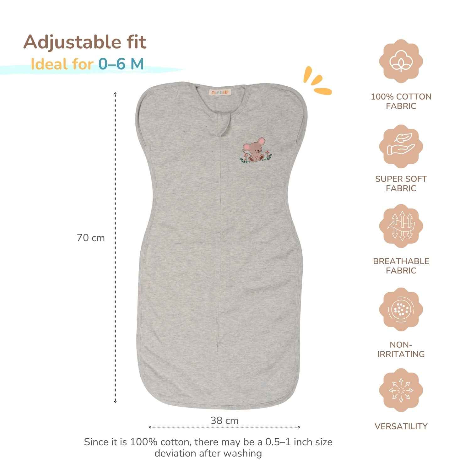 A light grey adjustable baby swaddle blanket shown on a white background with measurement lines indicating 70 cm height and 38 cm width. Text on the left says 'Adjustable fit Ideal for 0-6 M' and a column of pink icons on the right lists its features.