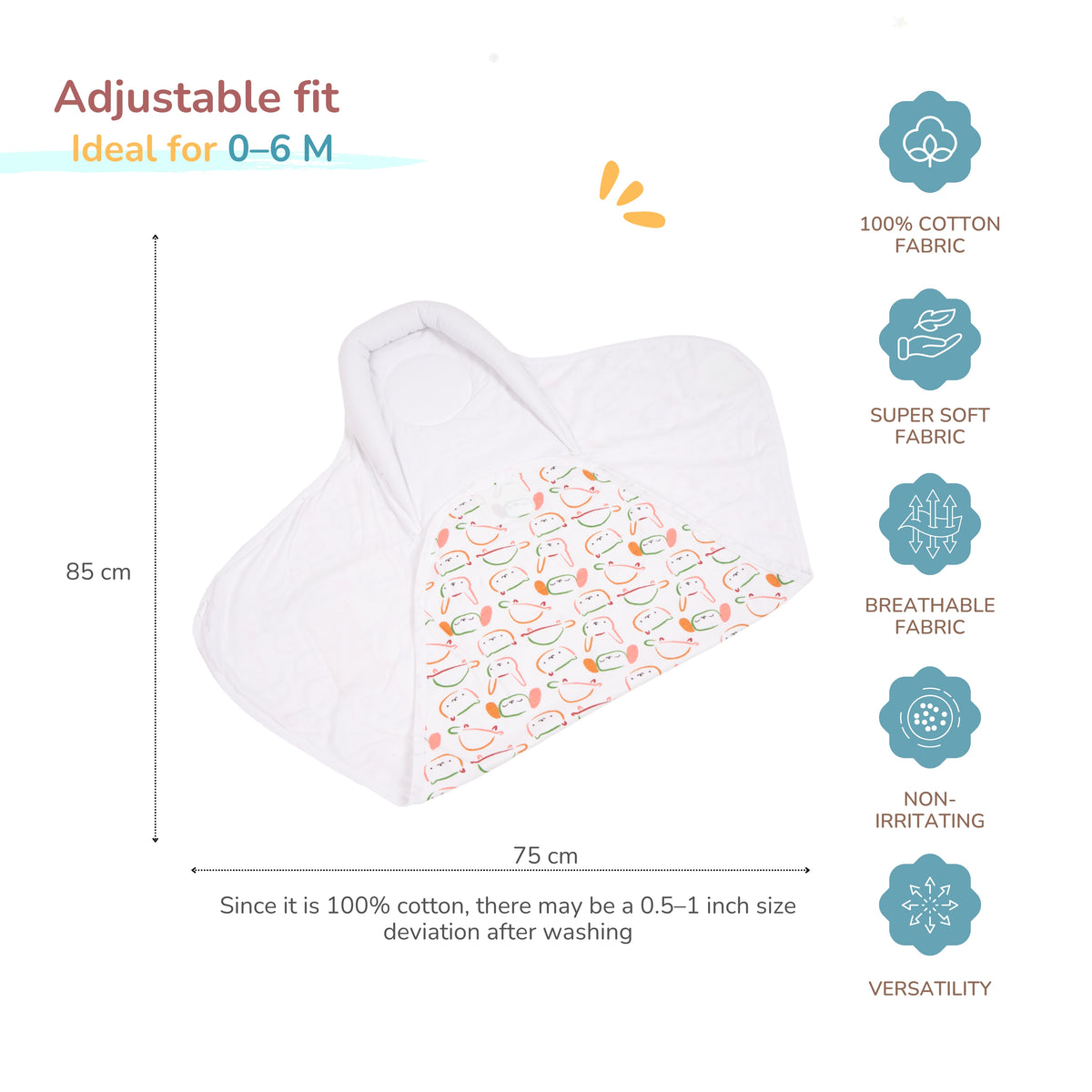 A white Baby Pod Wrapper blanket with a colorful patterned center panel, shown on a light gray background with fit dimensions labeled 85 cm by 75 cm and feature callouts for 100% cotton fabric, super soft fabric, breathable fabric, non-irritating, and versatility.