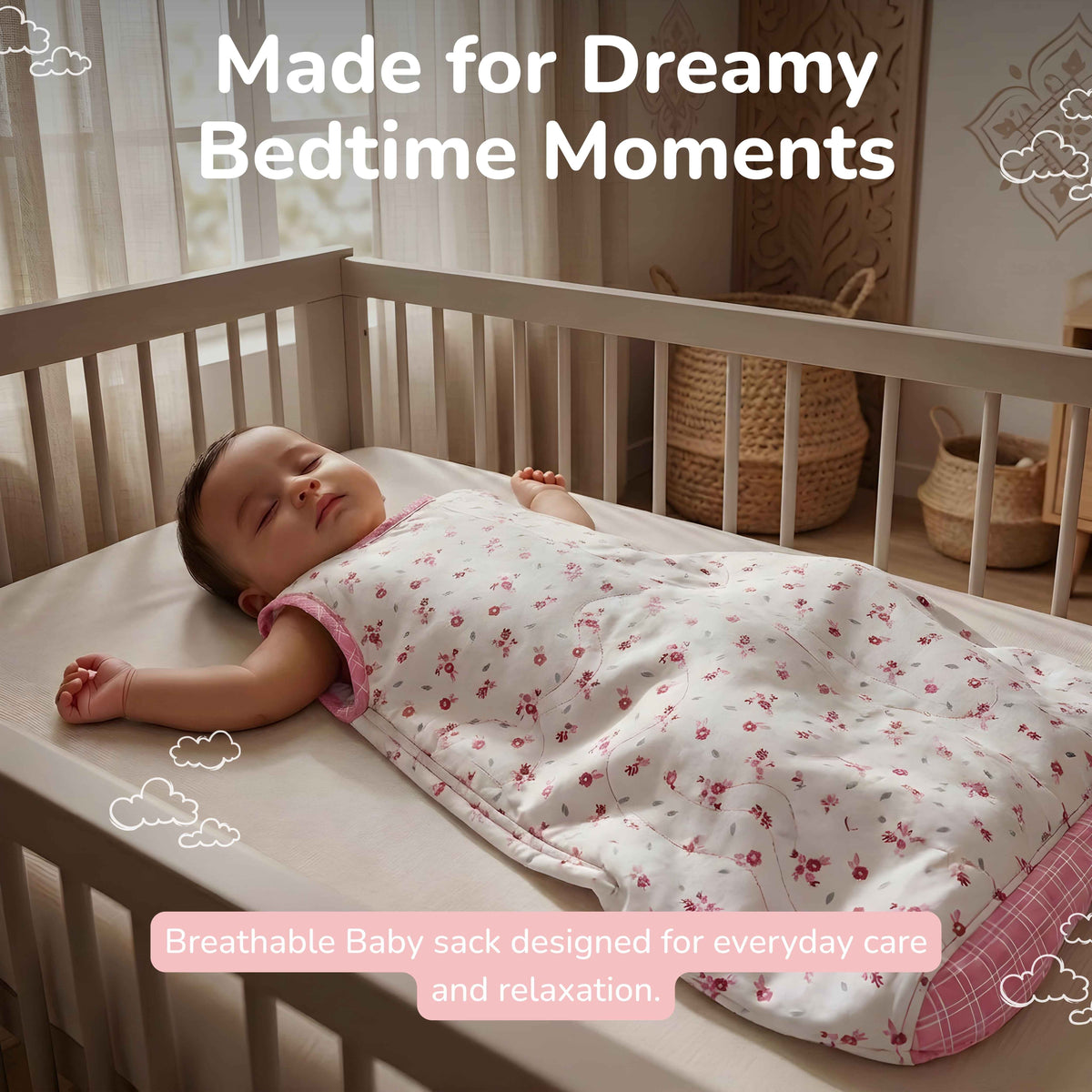 A sleeping baby lies on their side in a wooden crib, covered with a breathable baby sleep sack featuring a pink floral pattern on a white background.