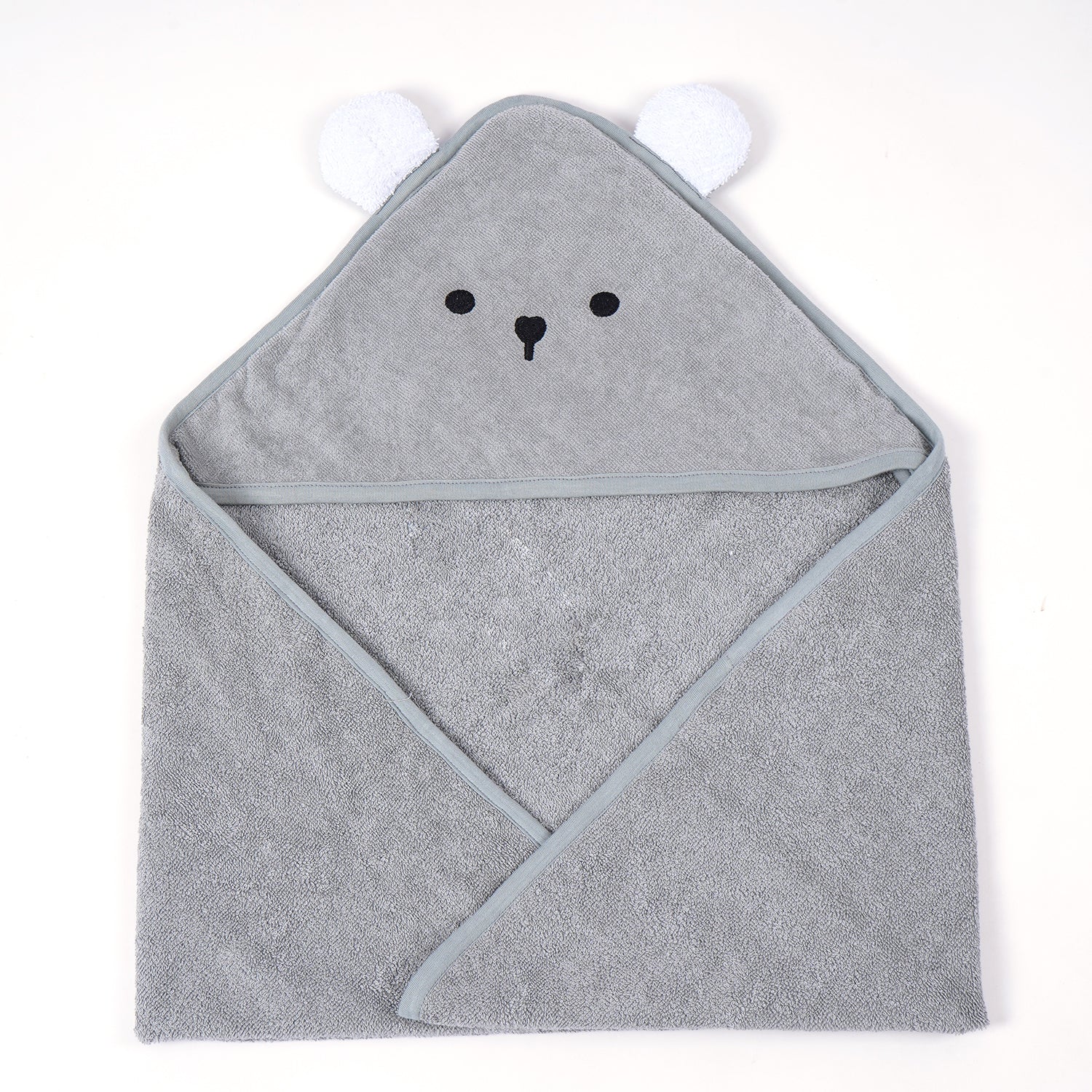 A gray hooded baby towel with a cute bear face embroidered on the hood.