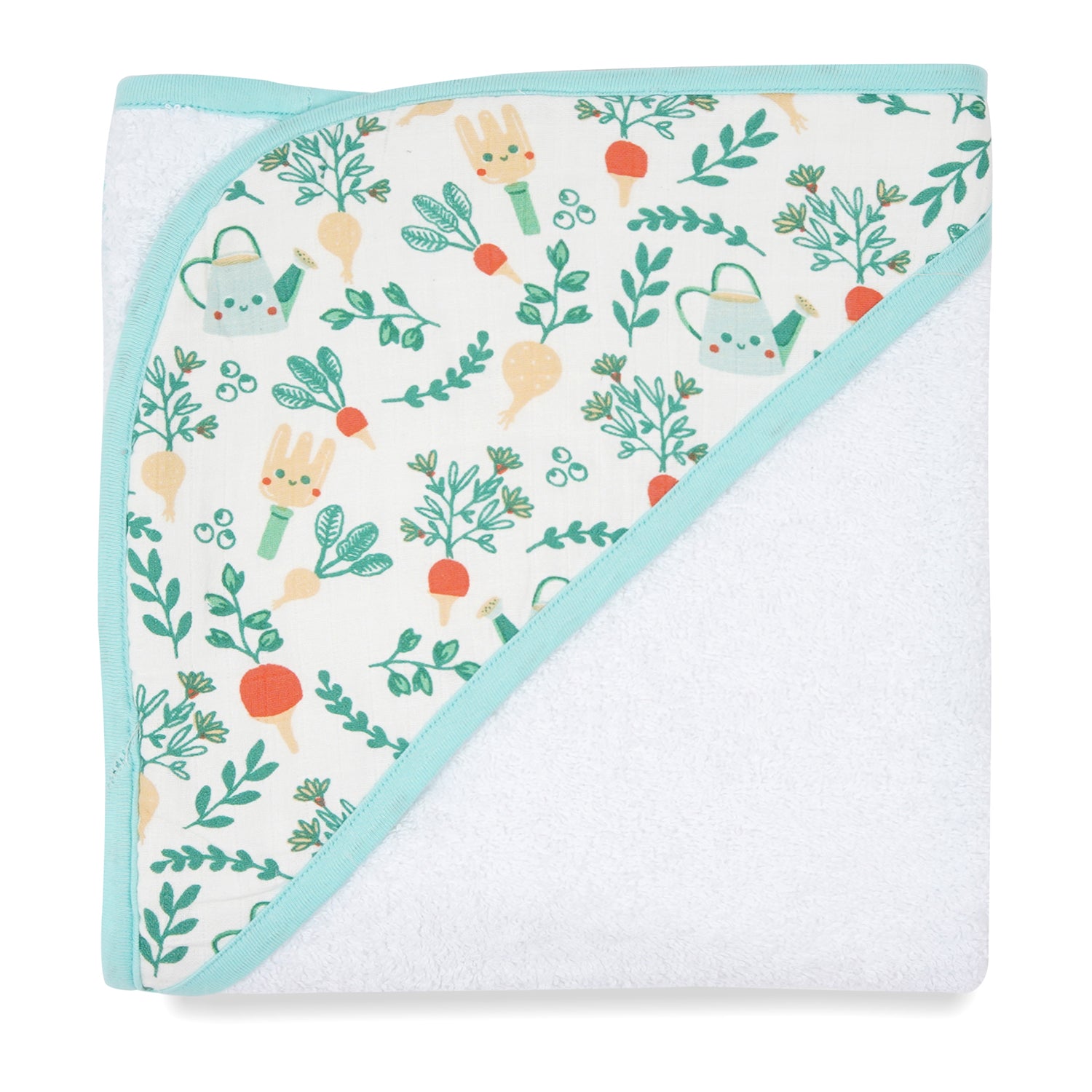 Colorful baby hooded towel featuring a garden-themed design with plants, watering cans, and cheerful faces on a soft white background.