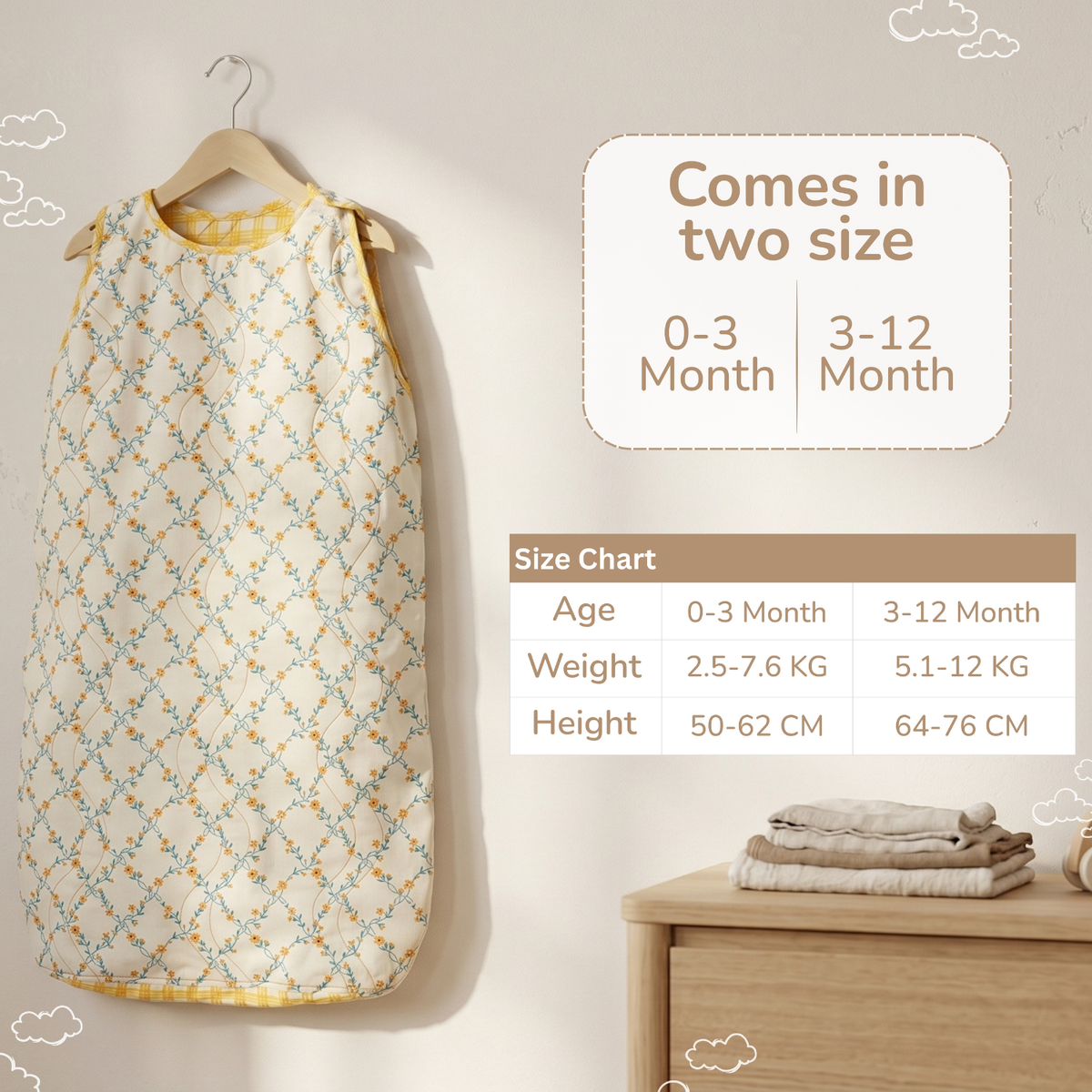A baby sleep sack with a cream, yellow, and blue floral pattern hangs on a wooden hanger against a warm beige wall. The image includes a size chart graphic detailing measurements for ages 0-3 months and 3-12 months, along with a small wooden dresser in the background.