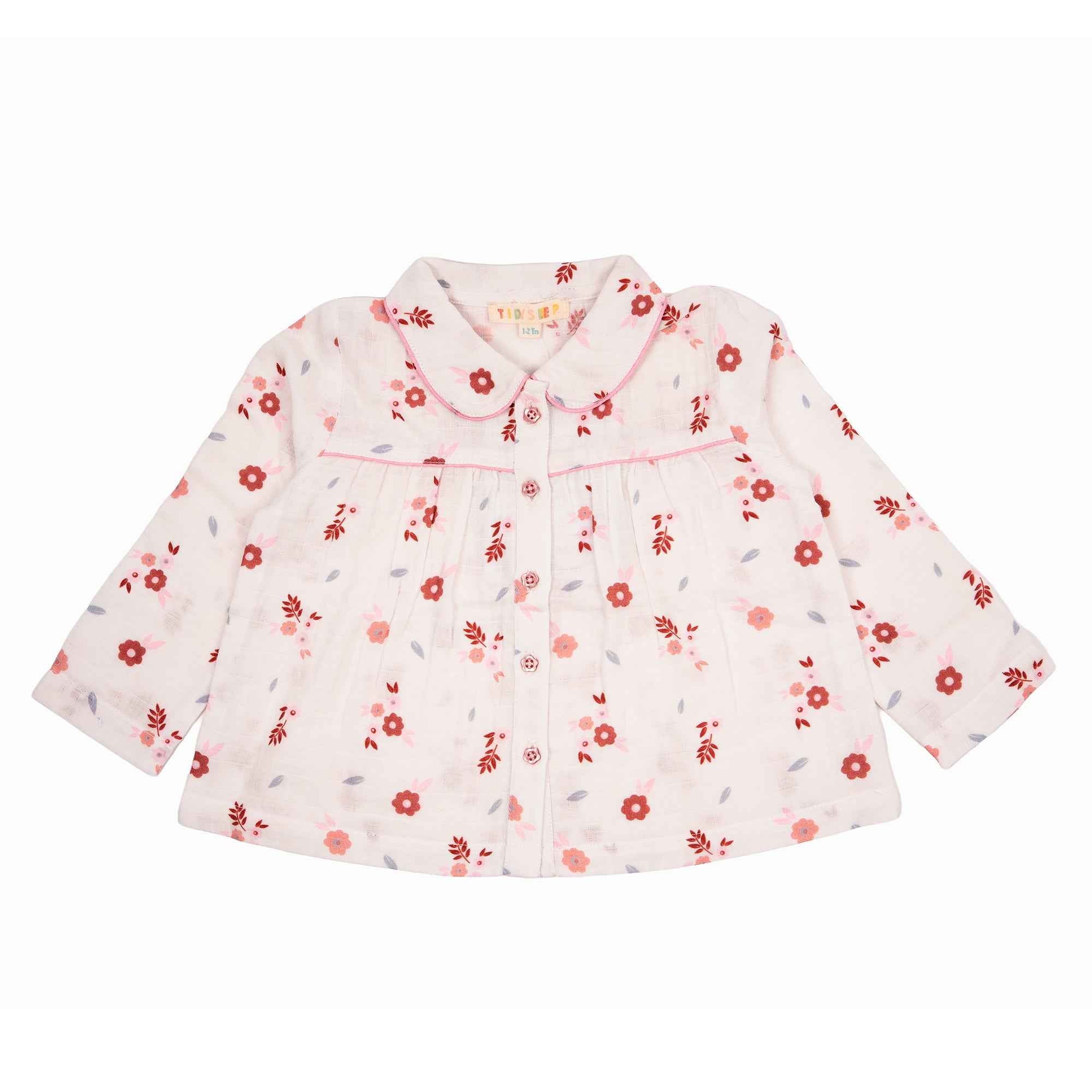 Baby's cotton muslin nightsuit with a long-sleeve top featuring a red and pink floral pattern.