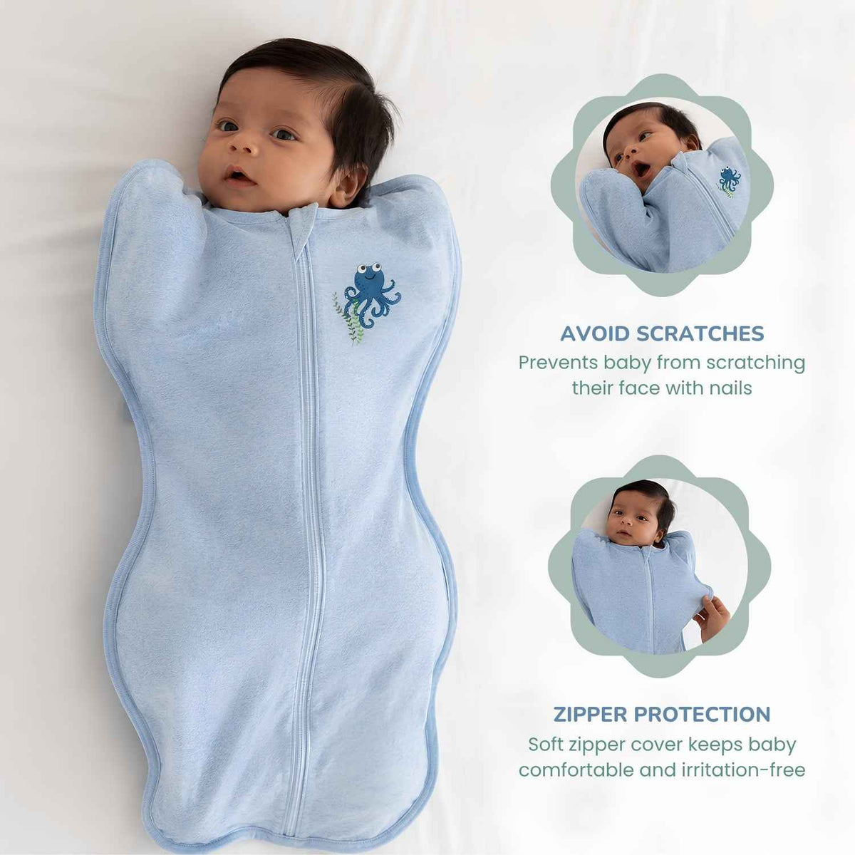 A baby swaddled in a light blue arms-up cotton jersey swaddle with a zipper, shown on a white background with two inset photos demonstrating product features: a face-protecting zipper cover and a scratch-prevention design.
