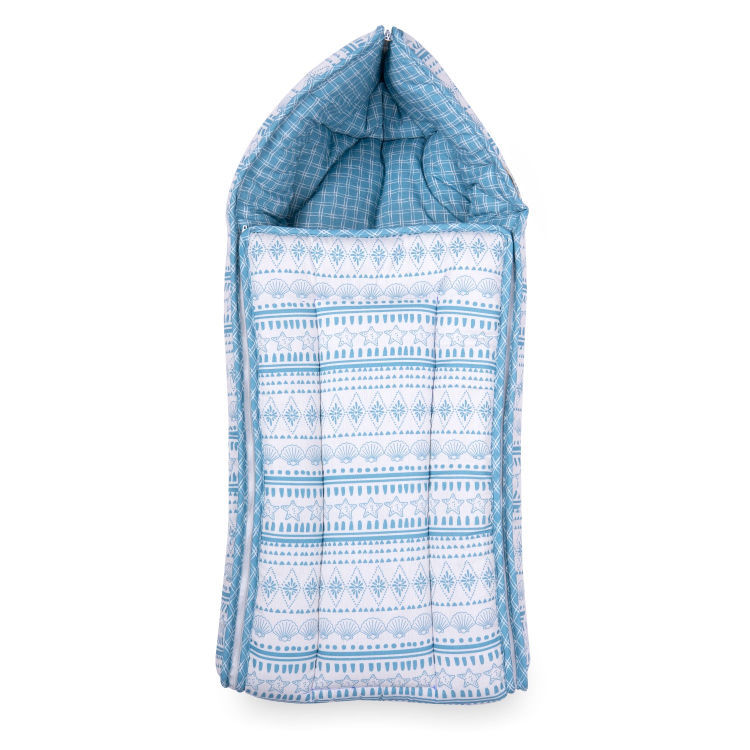 A cozy baby carry nest in blue and white color featuring a floral patterned exterior and a cheerful yellow checkered lining at the top.