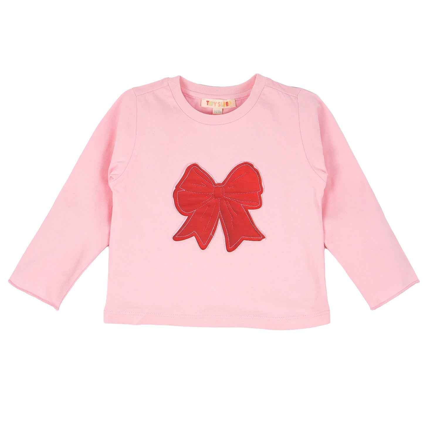 Baby girl pink long-sleeve nightwear shirt with a large red bow on the chest