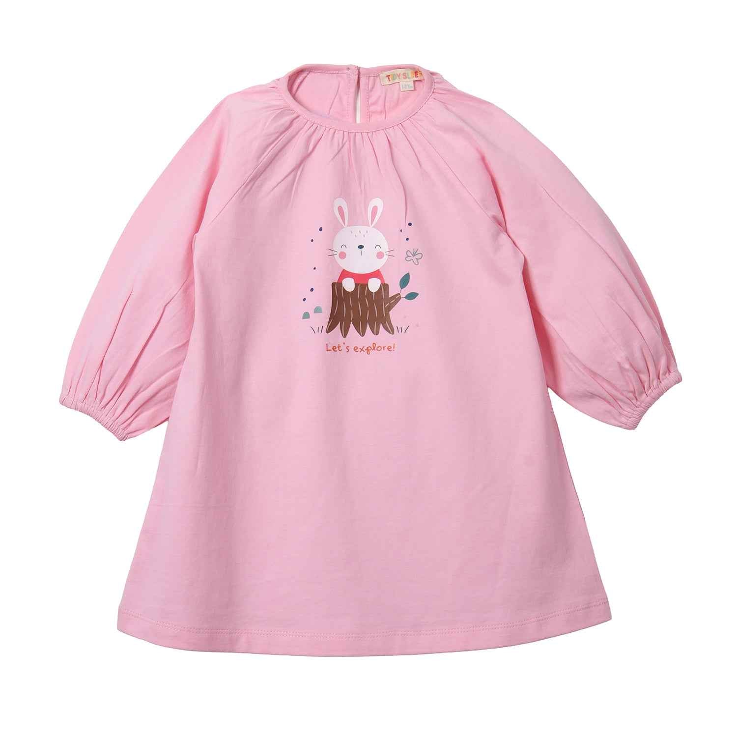 A Pink long-sleeve nightdress for baby girl printed with cute bunny, a ruffled collar, and red-trimmed cuffs.
