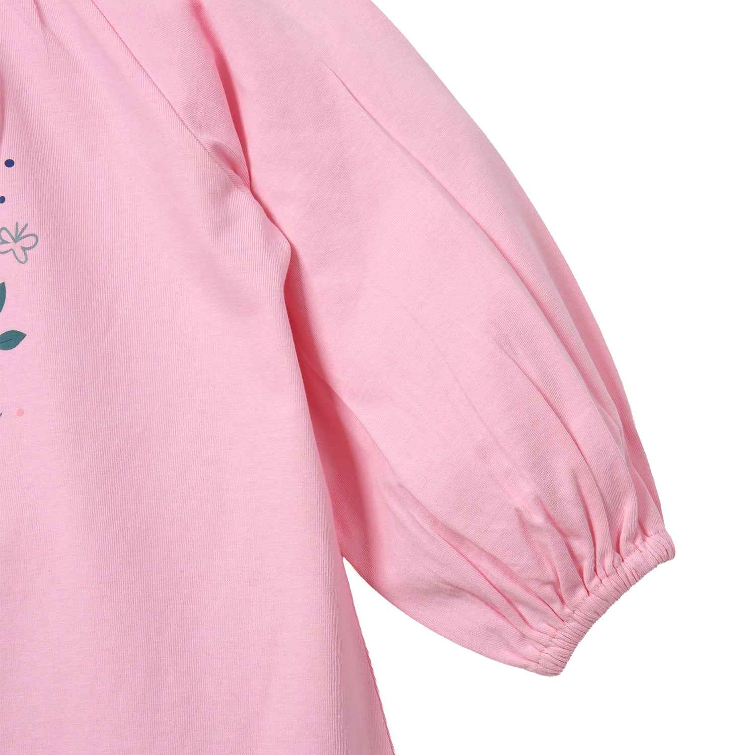 Closeup of sleeves pf bunny bedtime cotton nightdress for baby girl