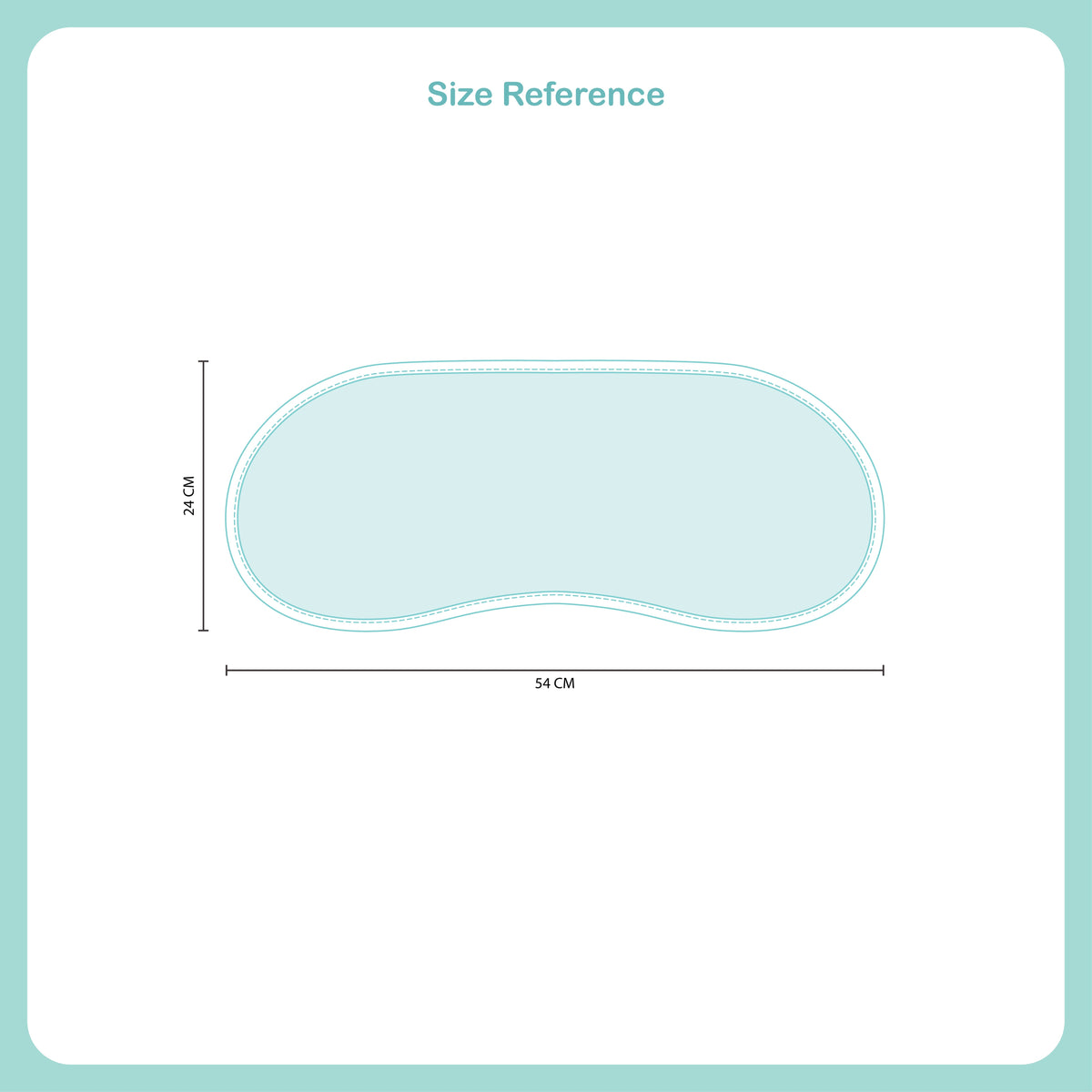 Size reference diagram showing a rounded rectangular cushion or pad outline with dimensions labeled 54 cm by 24 cm on a white background with a mint border.