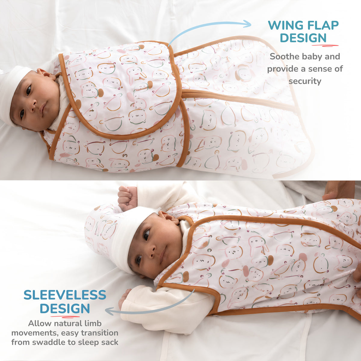 A baby swaddle sleep sack shown on a baby in a two-panel infographic. The top panel shows the swaddle with 'WING FLAP DESIGN' text pointing to the flap, and the bottom panel shows 'SLEEVELESS DESIGN' text pointing to the sleeveless body.