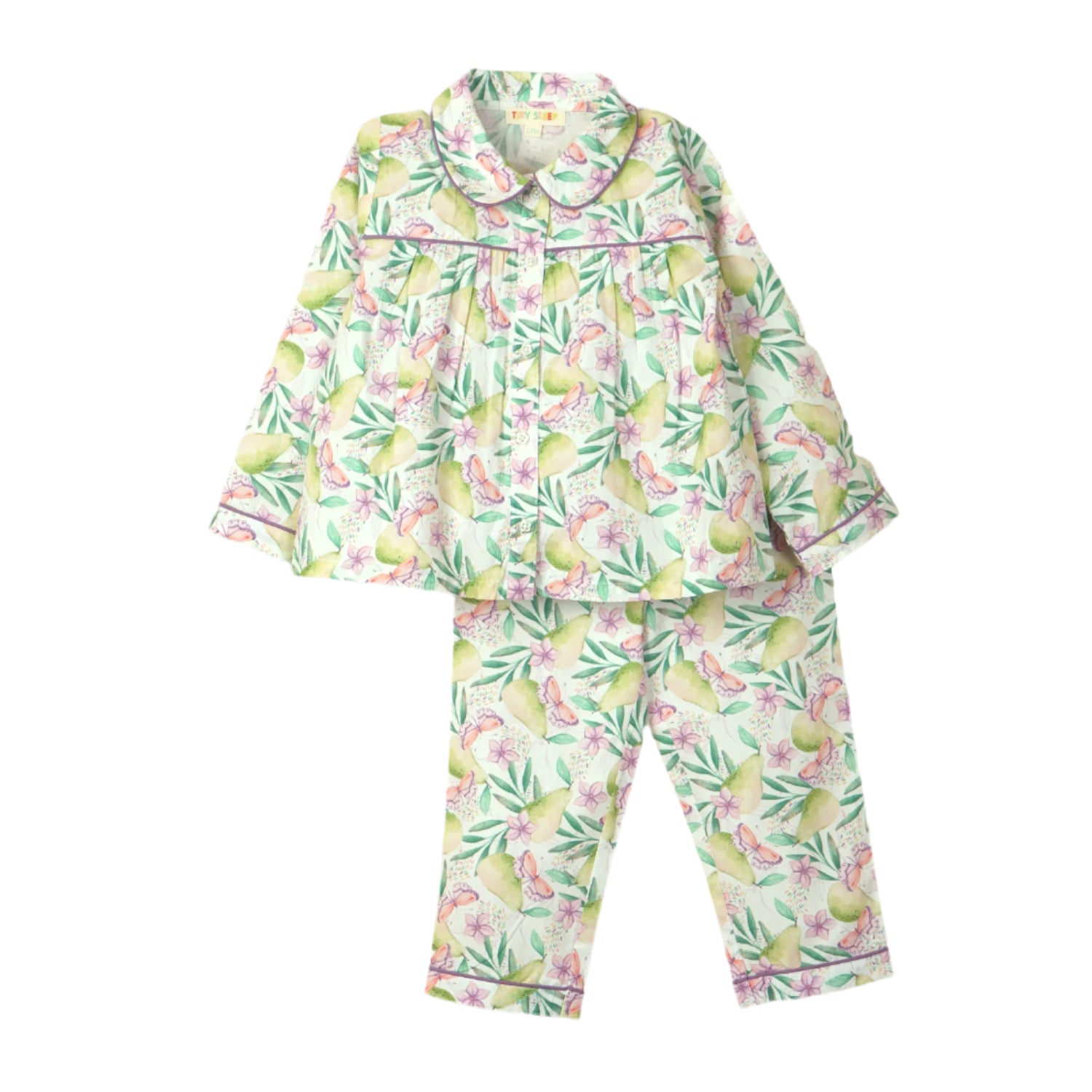 Baby pajama set with a tropical fruit and floral print, featuring a button-up top with a collar and matching pants.