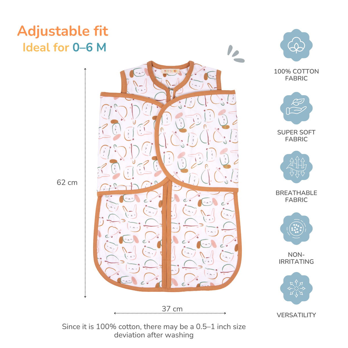 Infant sleep sack with an adjustable bib-style front, featuring a white background with a pastel cartoon pattern. The product is shown with dimension lines indicating 62 cm in height and 37 cm in width, with text highlighting its adjustable fit, 100% cotton fabric, softness, breathability, and suitability for babies 0-6 months.