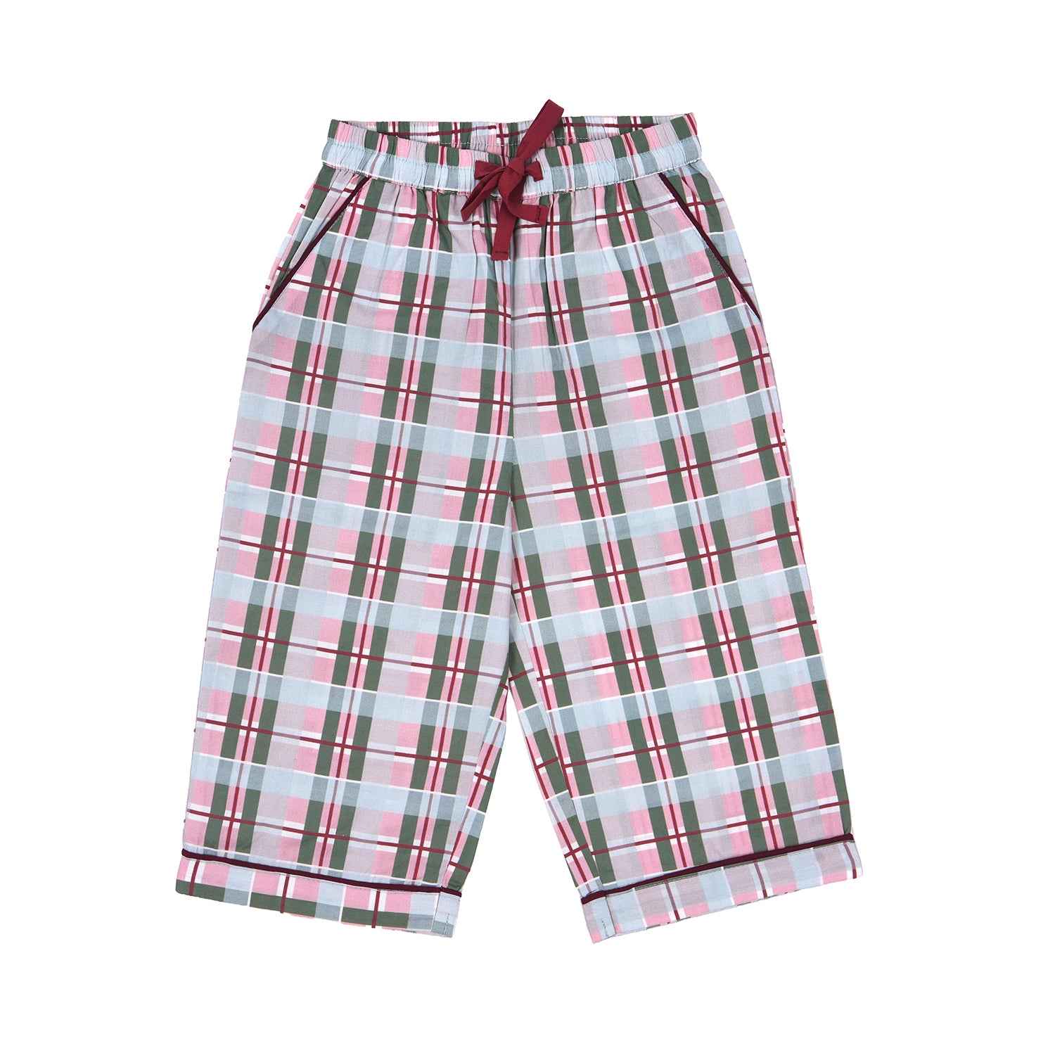 Baby nightwear plaid pajama pants in pink, gray, and white tones with an elastic waistband, a burgundy drawstring, side pockets, and black piping at the hem. these pants are laid flat on a white background.