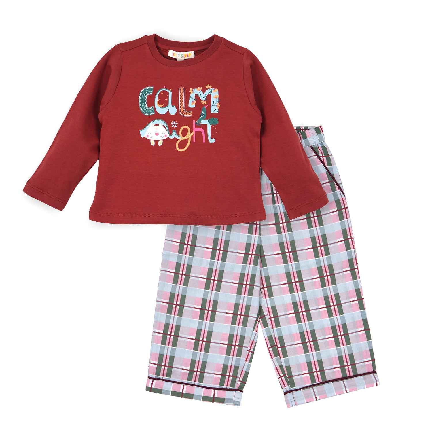 Baby's red long-sleeve nightwear shirt written CALM NIGHTS on the chest, paired with plaid pants in shades of pink, green, white, and gray cute night suit for baby.