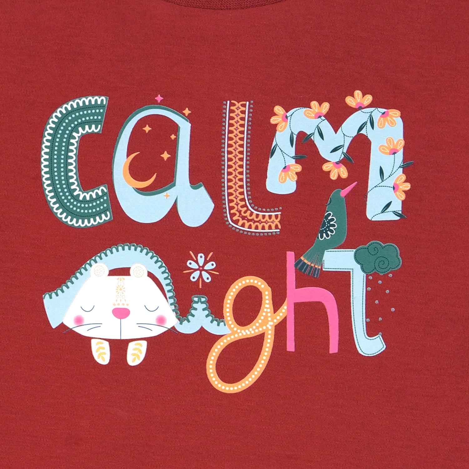 Closeup of a CALM NIGHTS written on the chest of Cotton Night Suit.