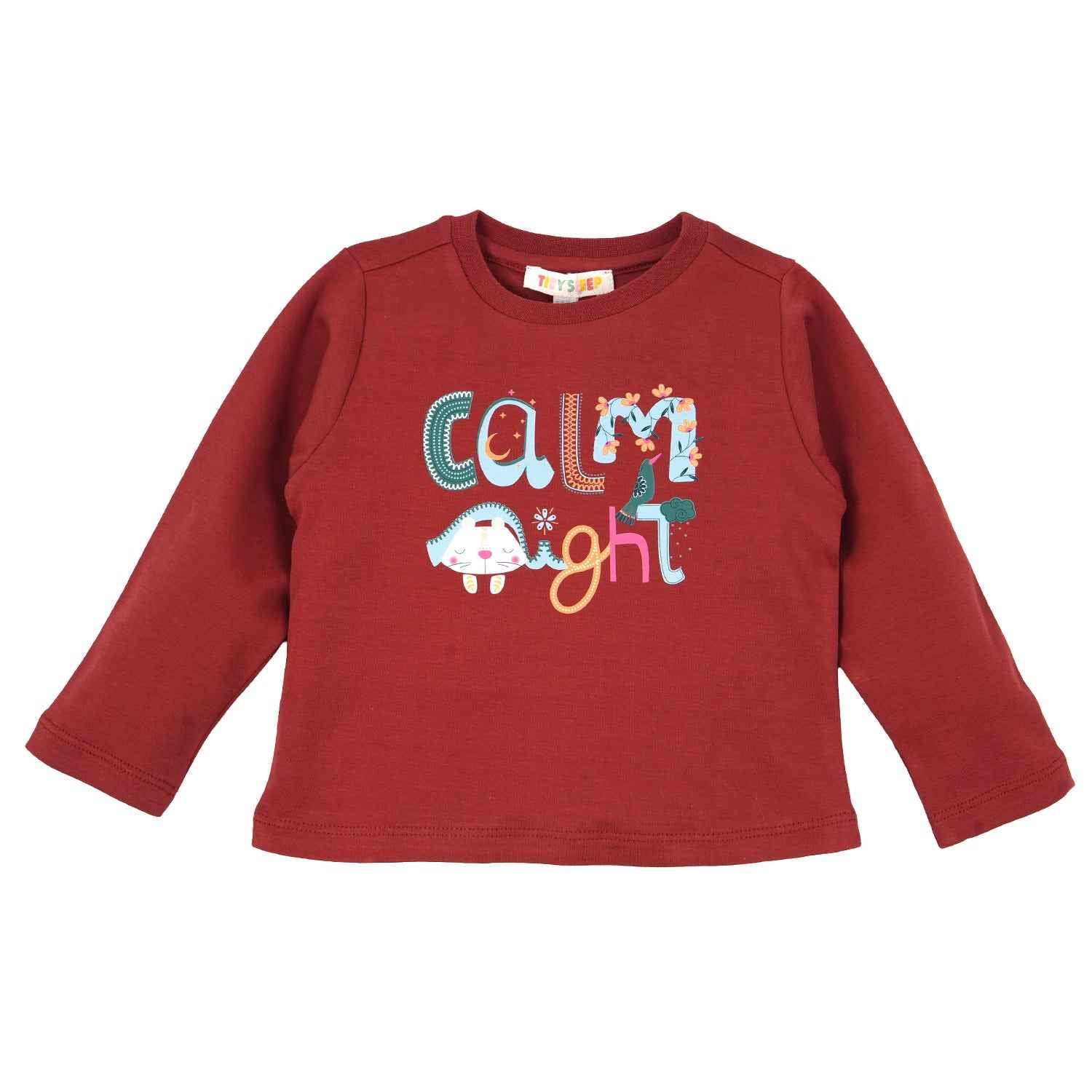 Baby's red long-sleeve nightwear shirt written CALM NIGHTS on the chest