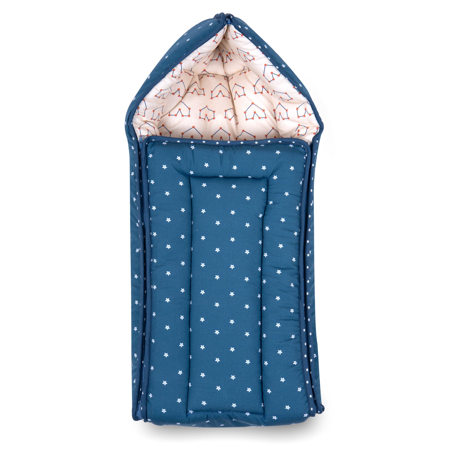 A blue baby carry nest with white stars and a cozy, patterned interior featuring red houses. Ideal for infant comfort and warmth.