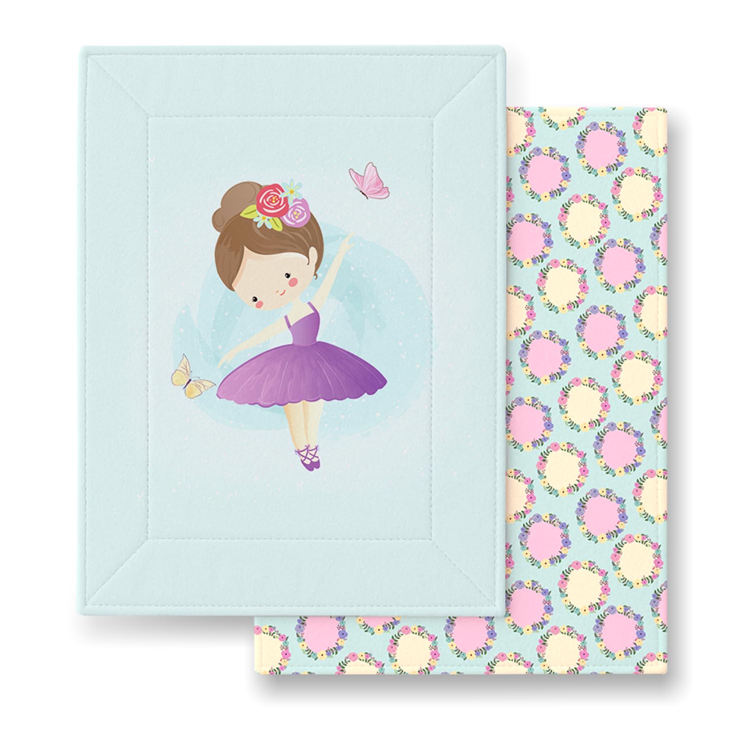 Cute illustrated ballerina in a purple tutu, adorned with flowers and surrounded by butterflies. Background features a pastel floral pattern.