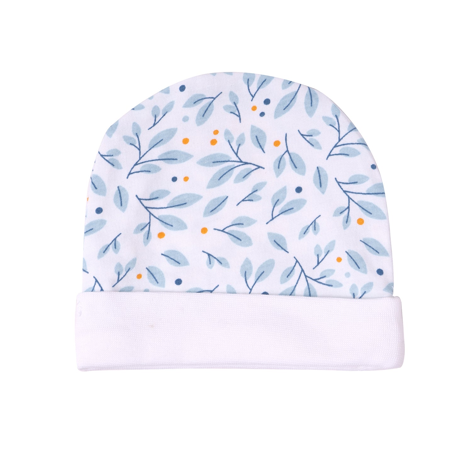 White baby cap featuring a soft print of blue leaves and small orange dots, with a white cuff at the bottom.