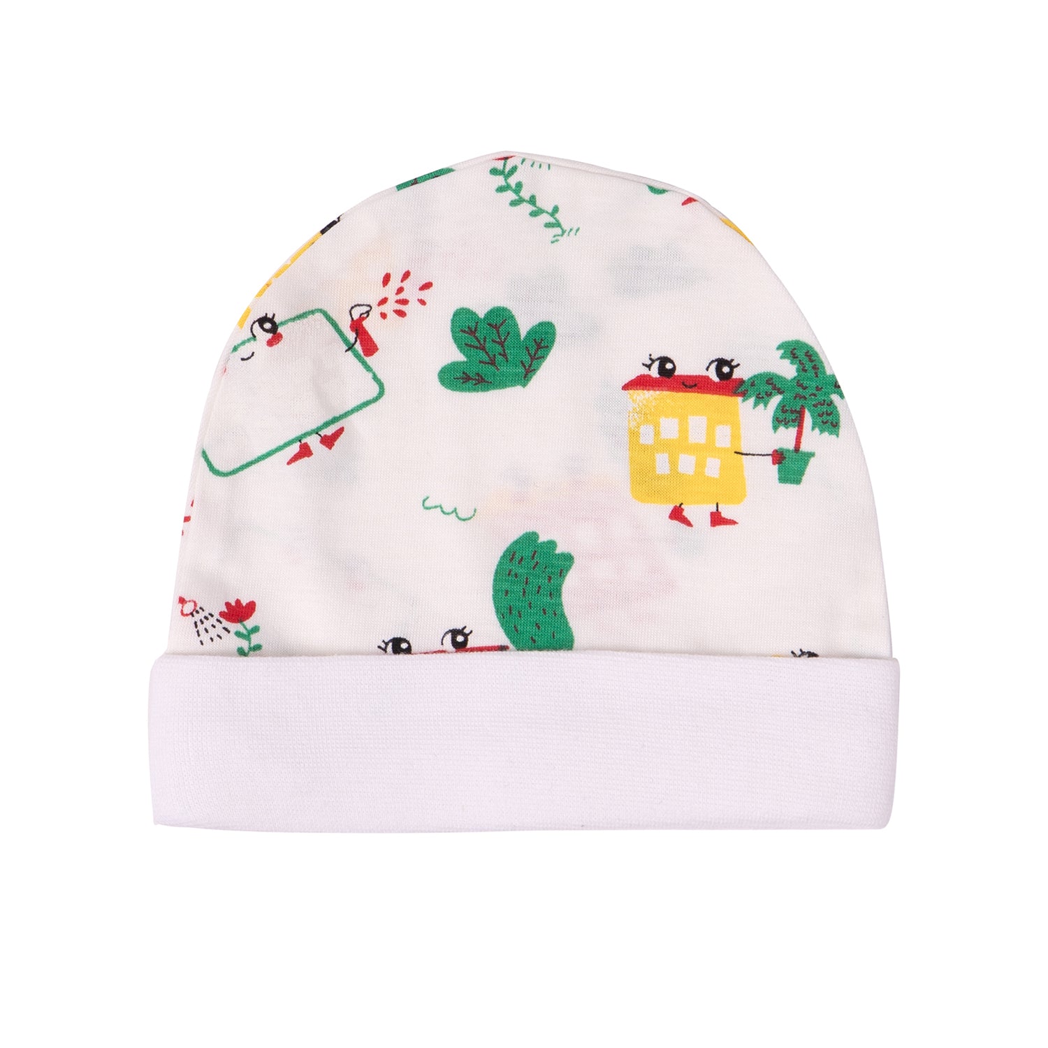 White baby cap with playful doodle designs. Features include quirky eyes, plants, and colorful shapes, exuding a whimsical, cheerful tone.