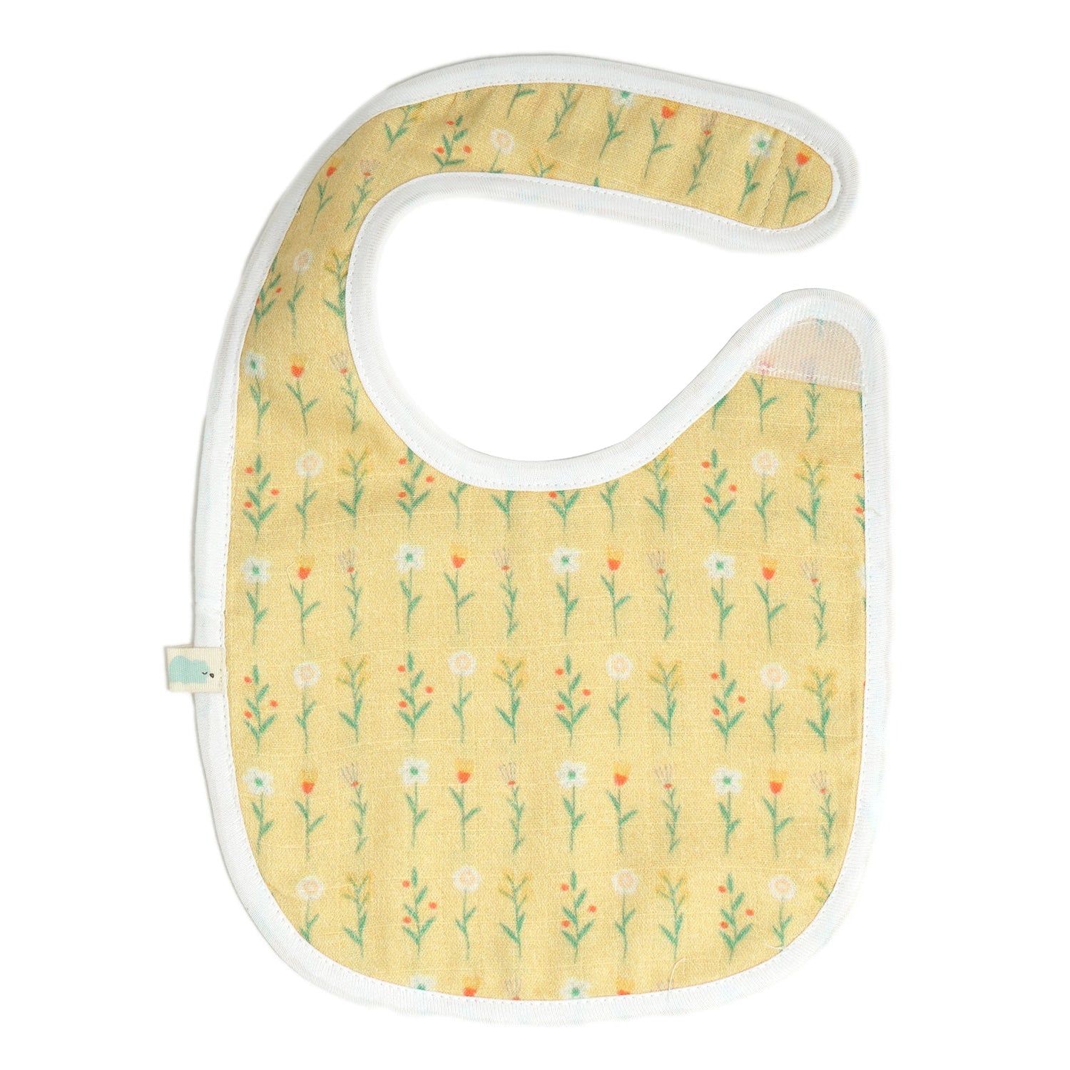 Soft baby bib with a charming floral pattern on a pastel yellow background, bordered with white trim.