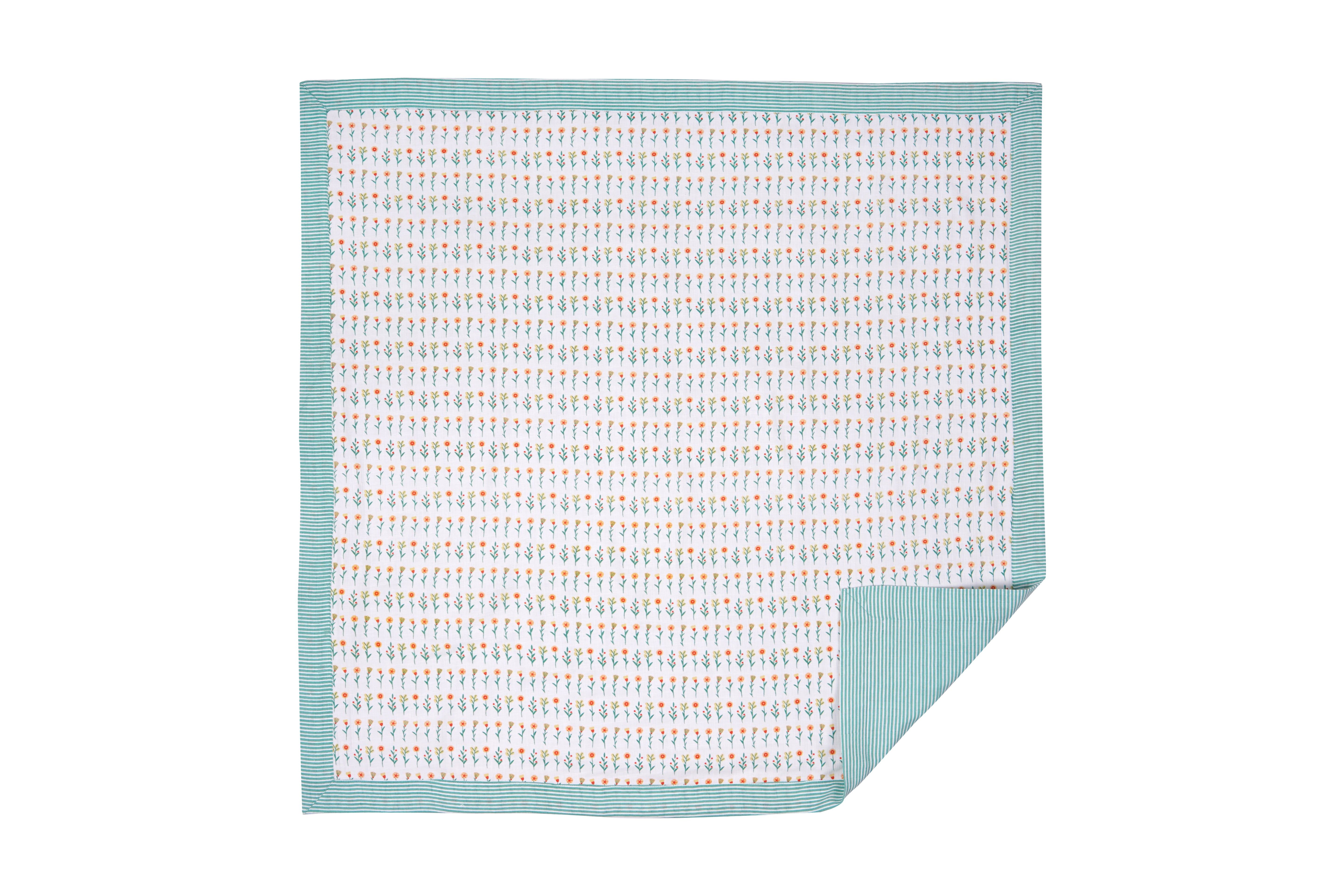A patterned quilt featuring colorful floral designs on a white background with a striped green border.