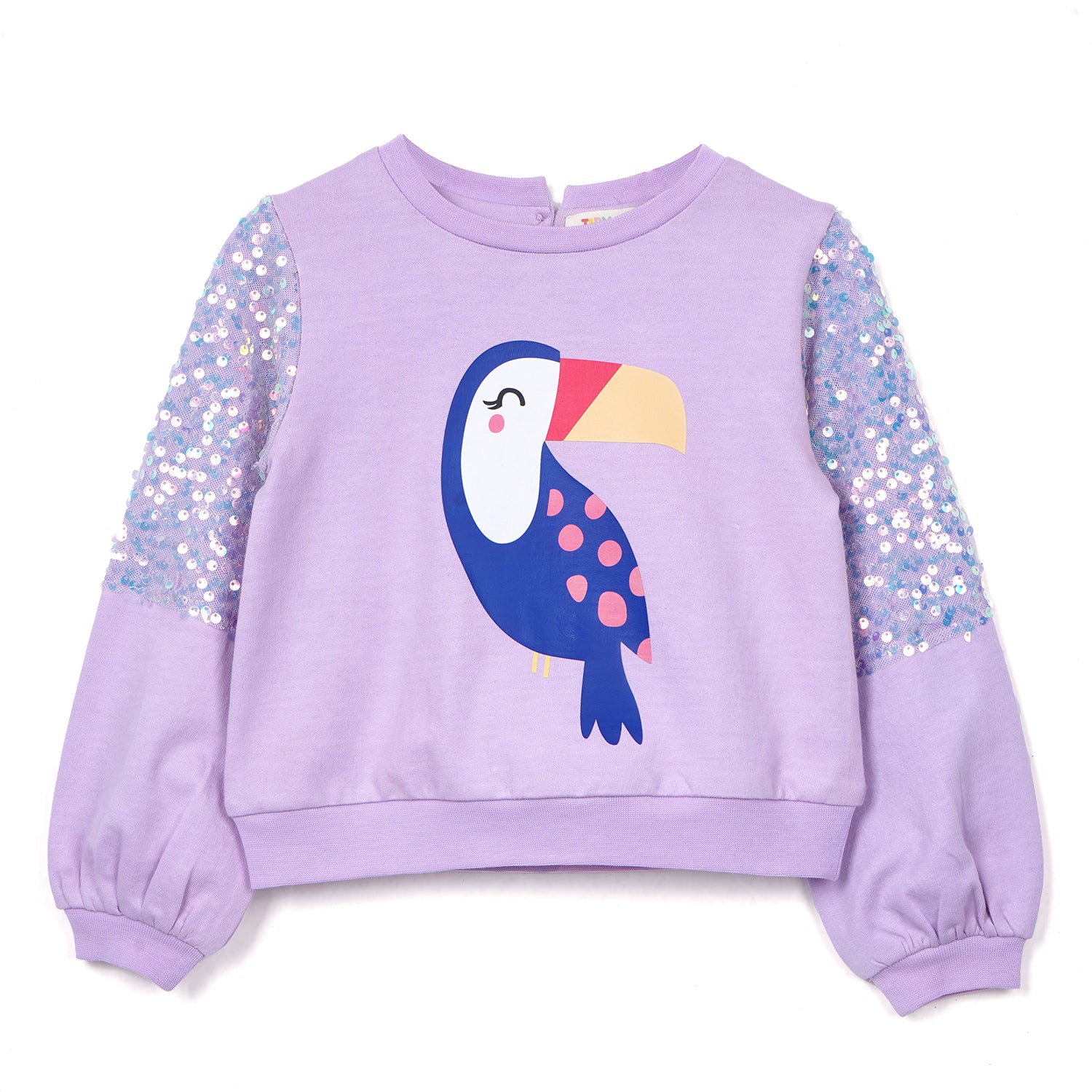 Lavender baby sweatshirt featuring a colorful graphic and sparkling sequined sleeves for a playful, stylish look.