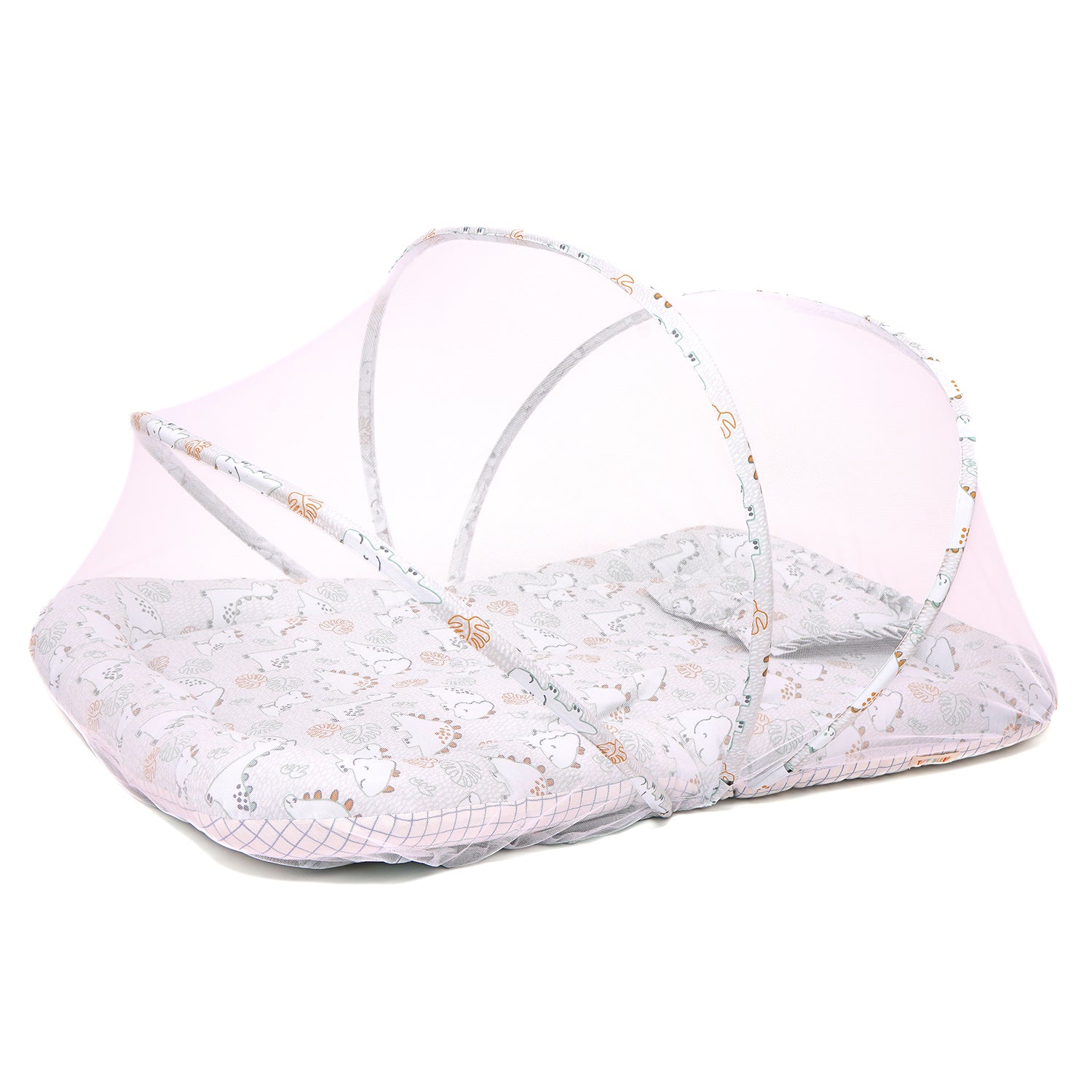 A baby gadda set with a moaquito net featuring playful animal patterns in soft colors, providing a cozy and safe sleeping space.