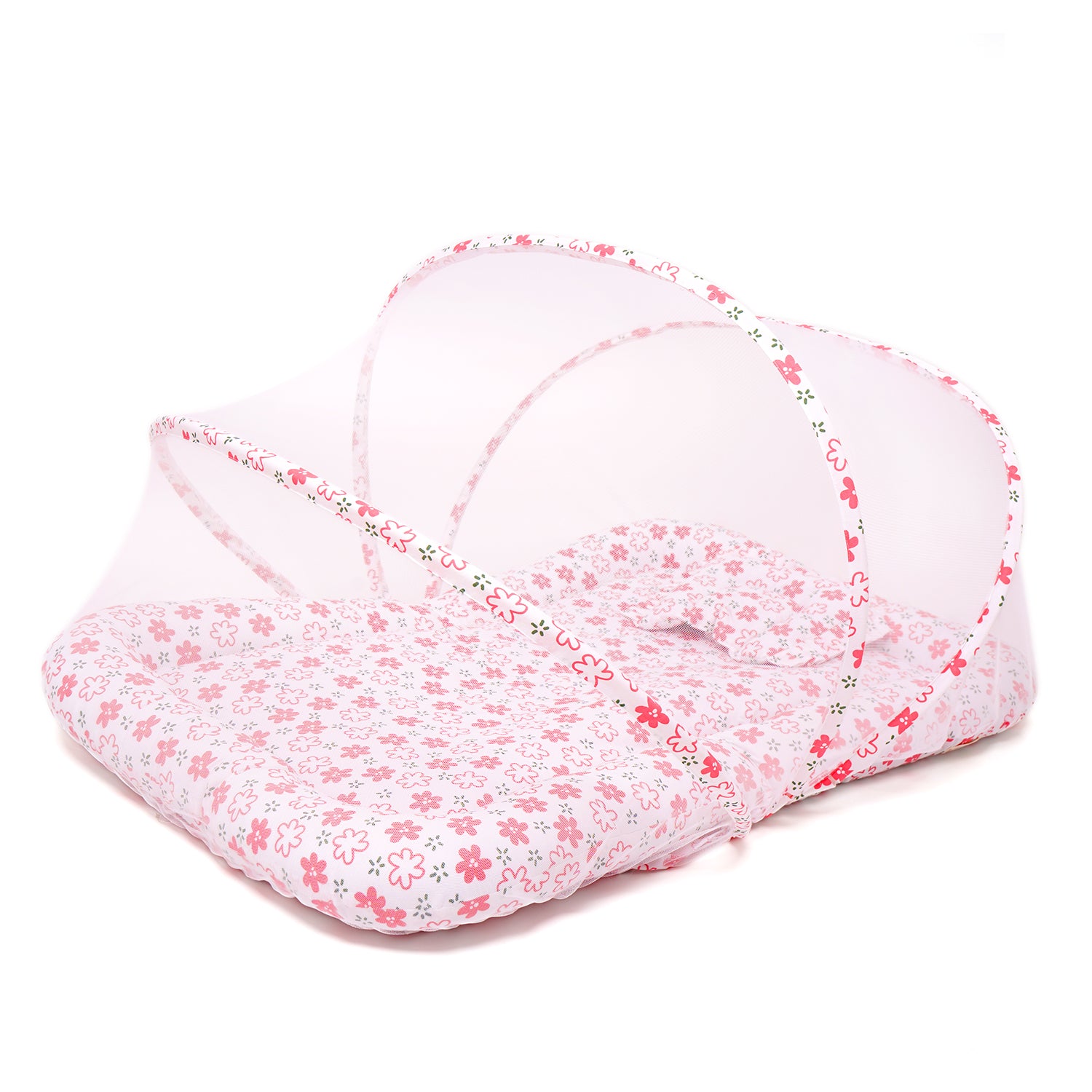 A pink floral baby gadda set with a mosquito net, designed for comfort and insect protection.