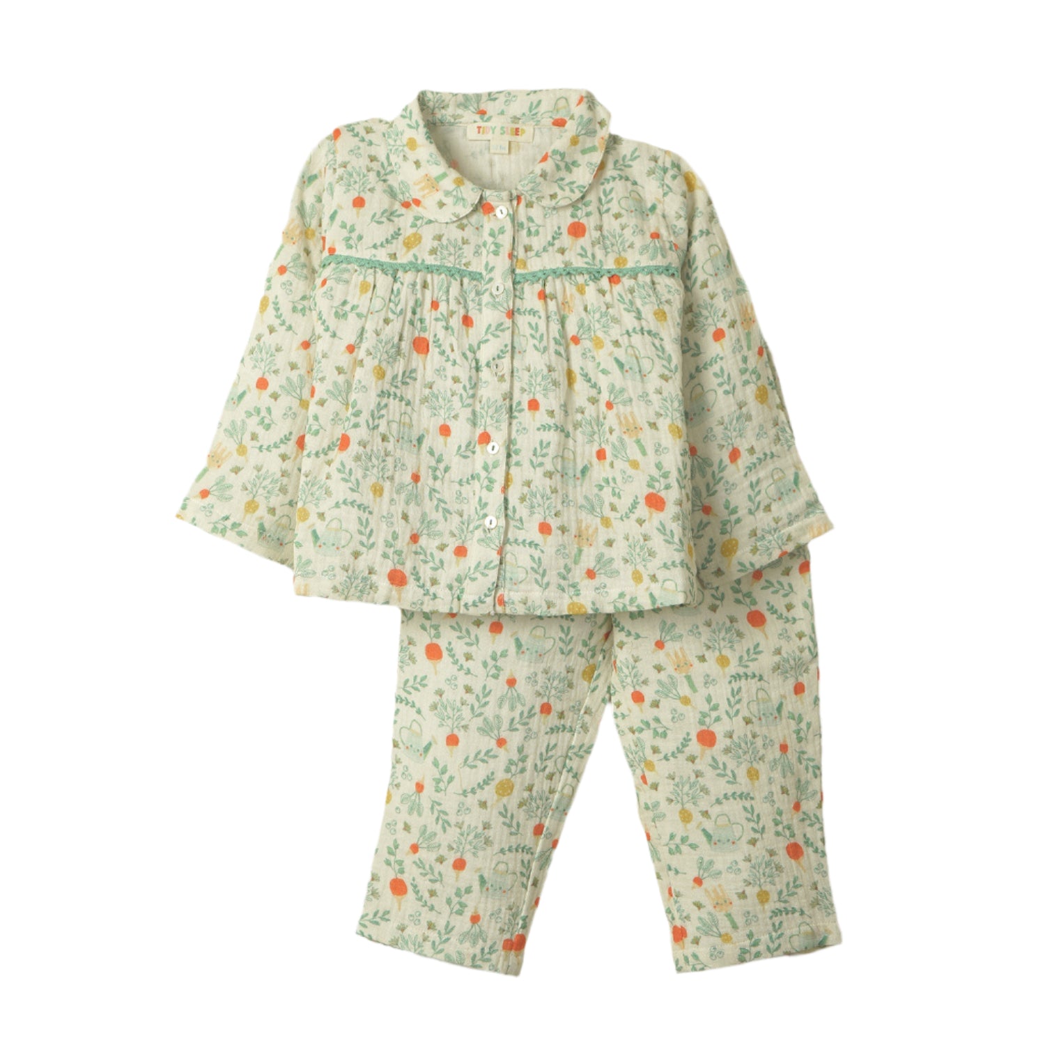 Cream-colored baby pajama set with a botanical floral print, featuring a button-up top with a Peter Pan collar and matching pants.