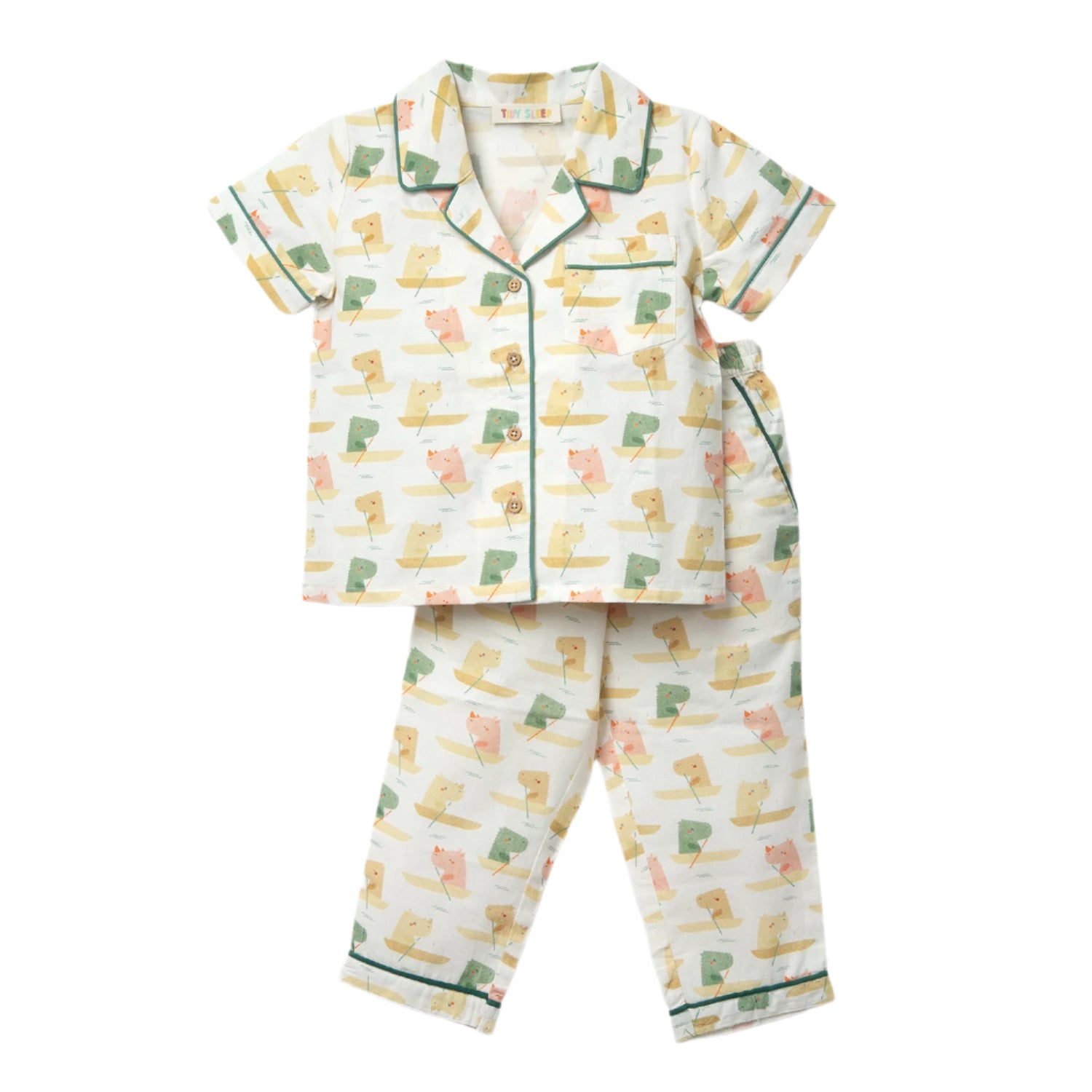Baby's night suit set featuring a playful bird print on a white background, with green trim and button details.
