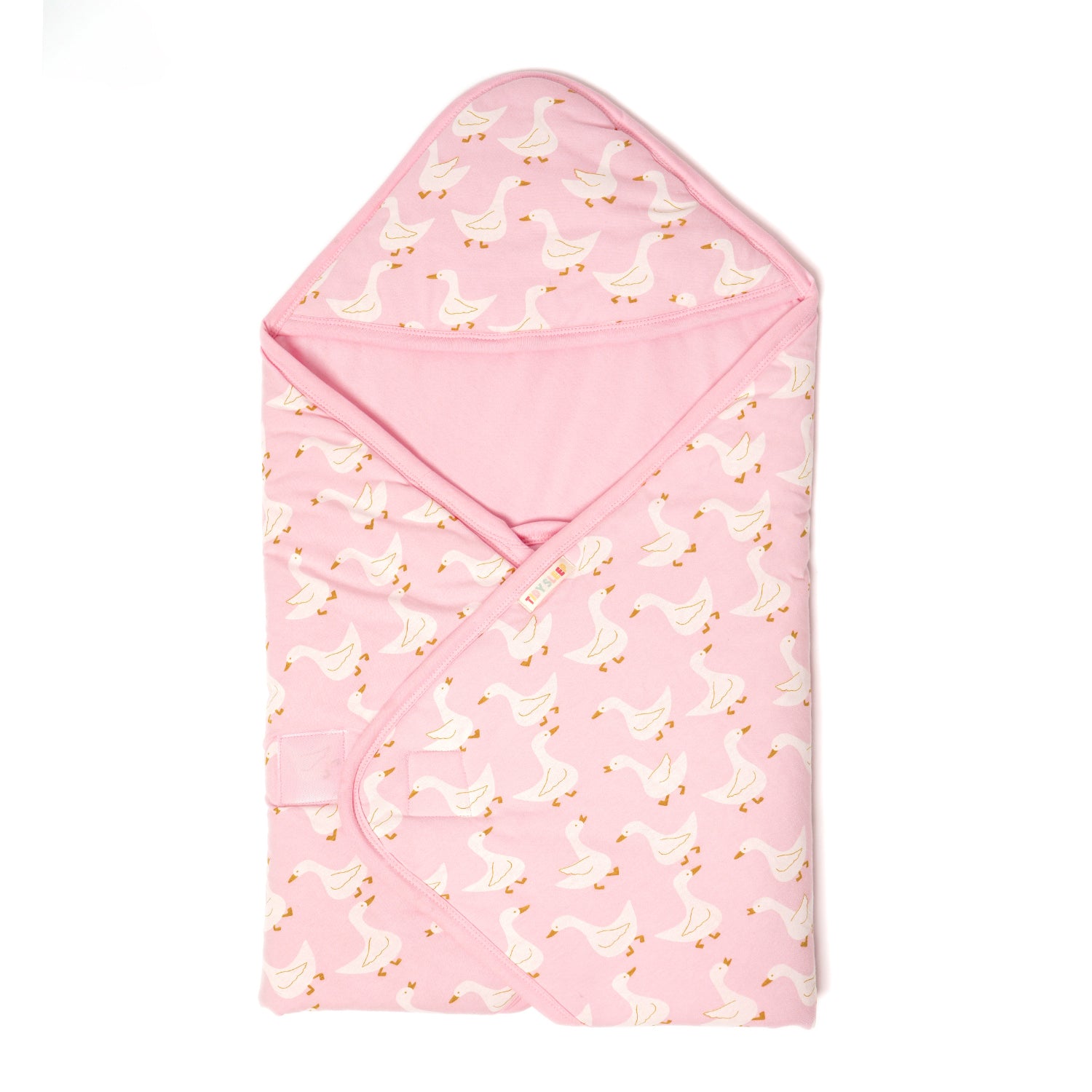 Pink Hooded blanket which has white duck on it.