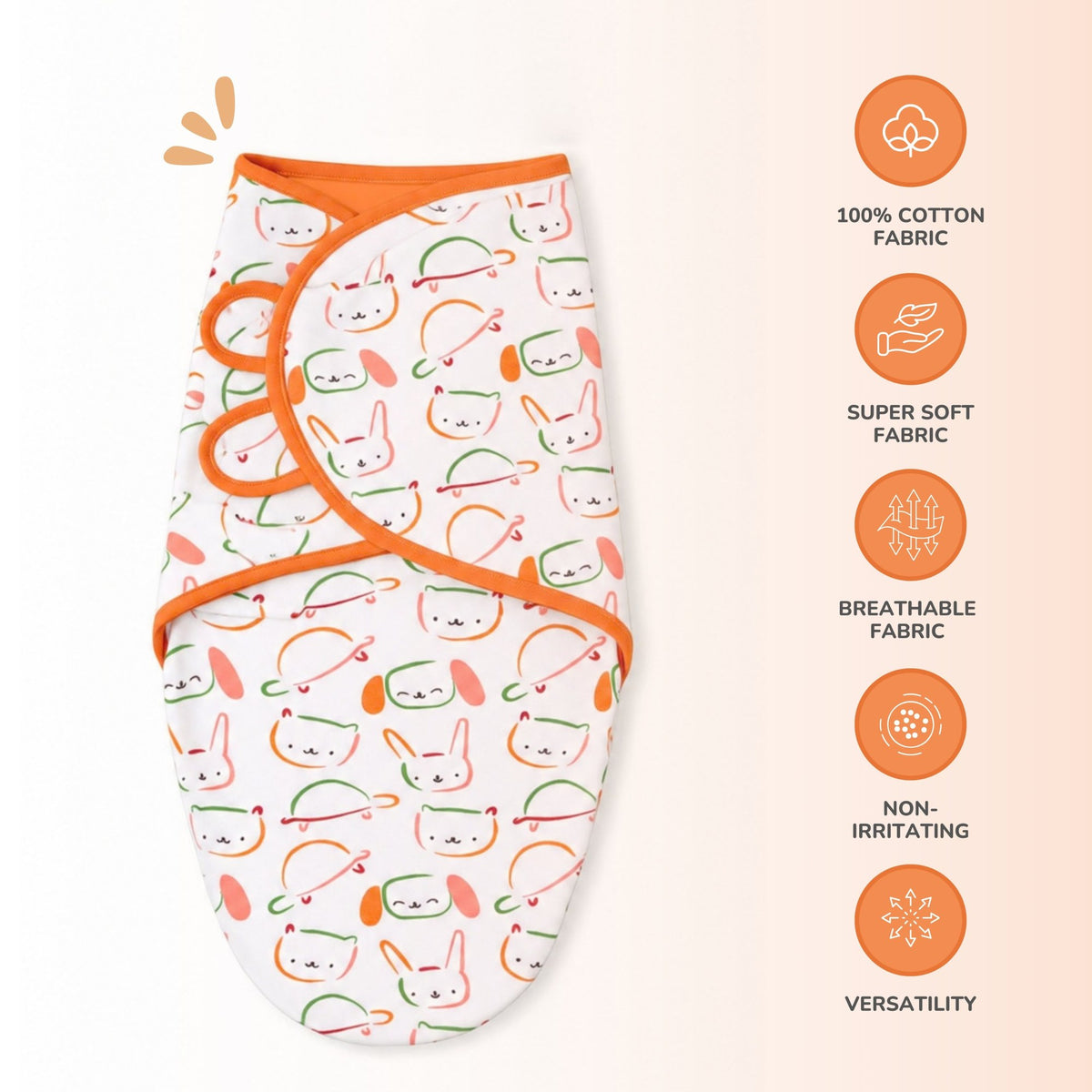 A baby swaddle wrap blanket with a white background and an orange, pink, and green cartoon bunny pattern, shown on a light beige background with a vertical list of product features on the right.