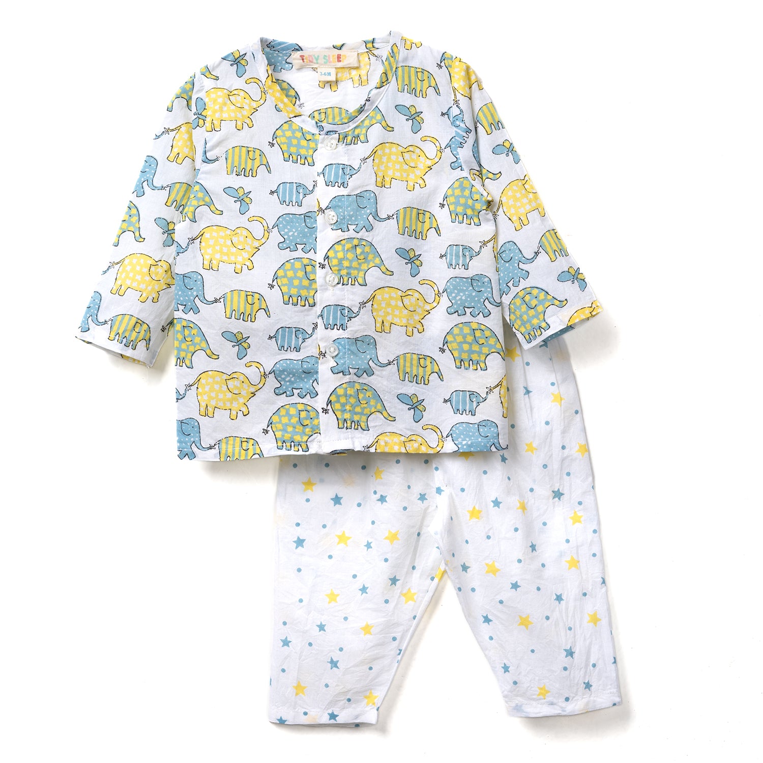 Light blue baby jhabla set featuring playful elephants and turtles, paired with star-patterned pants in white and yellow.