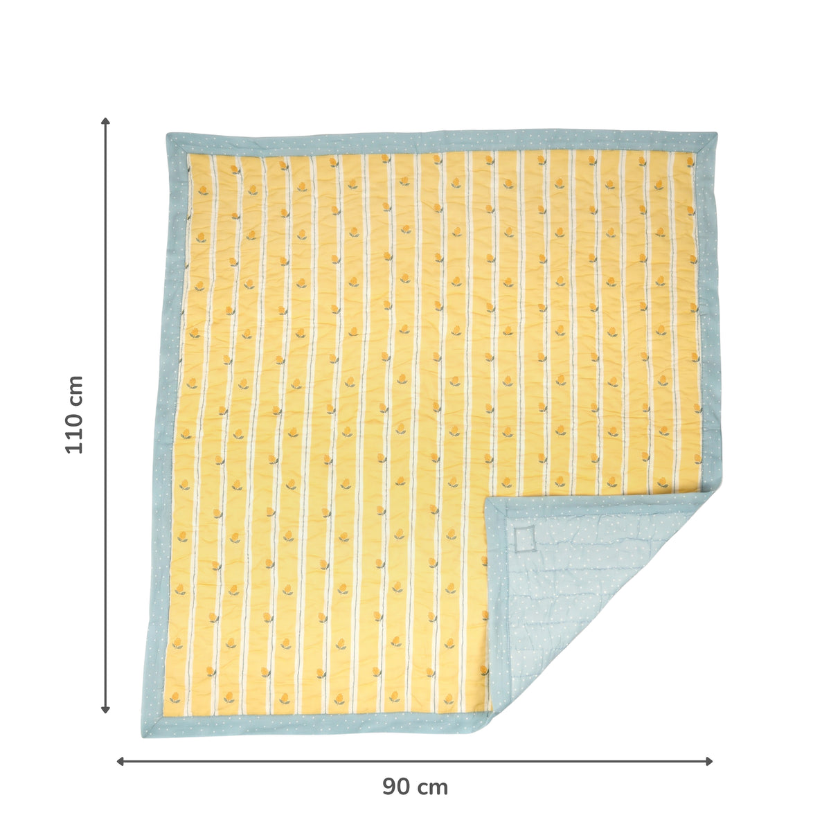 A square baby blanket or quilt shown flat on a white background with dimension arrows indicating 110 cm by 90 cm. The front has a pale yellow center with thin white vertical stripes and small repeating motifs, bordered by a soft light blue fabric.