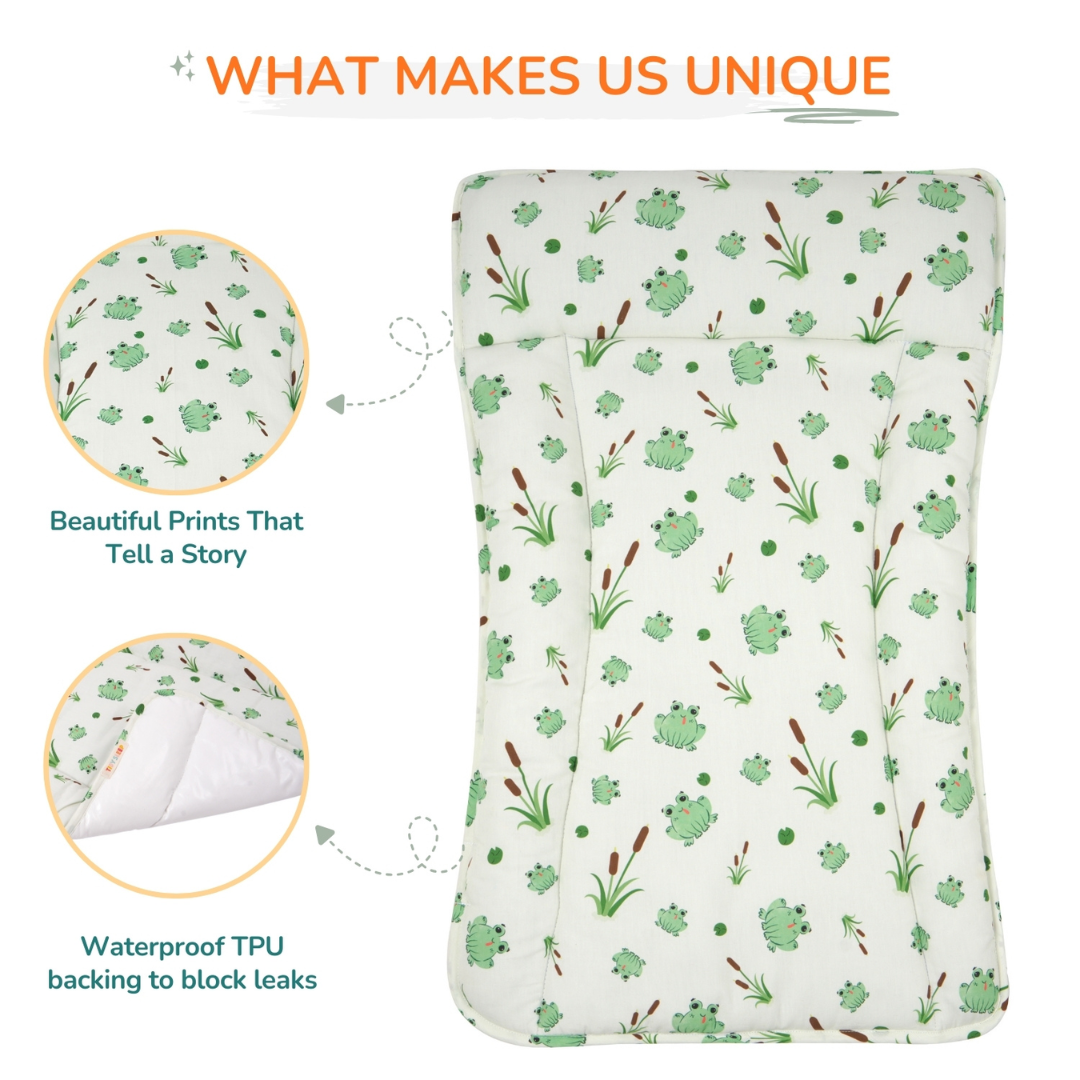 A padded changing station with a green frog and plant print on a white background, shown on a light gray promotional graphic with two circular detail callouts and text highlighting prints and waterproof TPU backing.