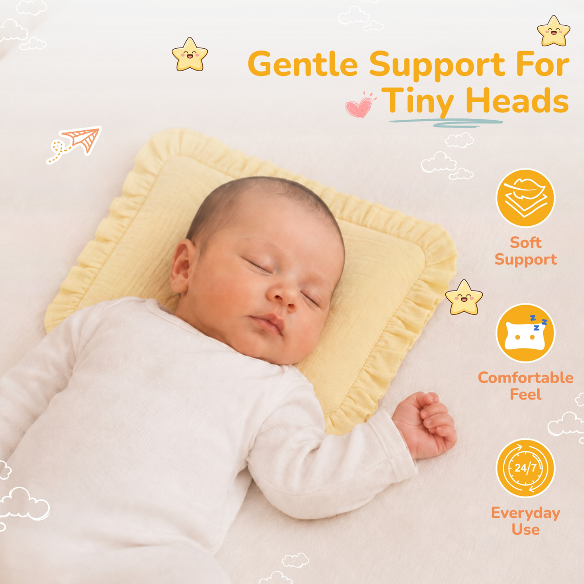 A sleeping newborn baby wearing a white long-sleeve outfit, lying on a butter yellow mustard seed ruffled pillow. The image includes marketing text and icons on a white background