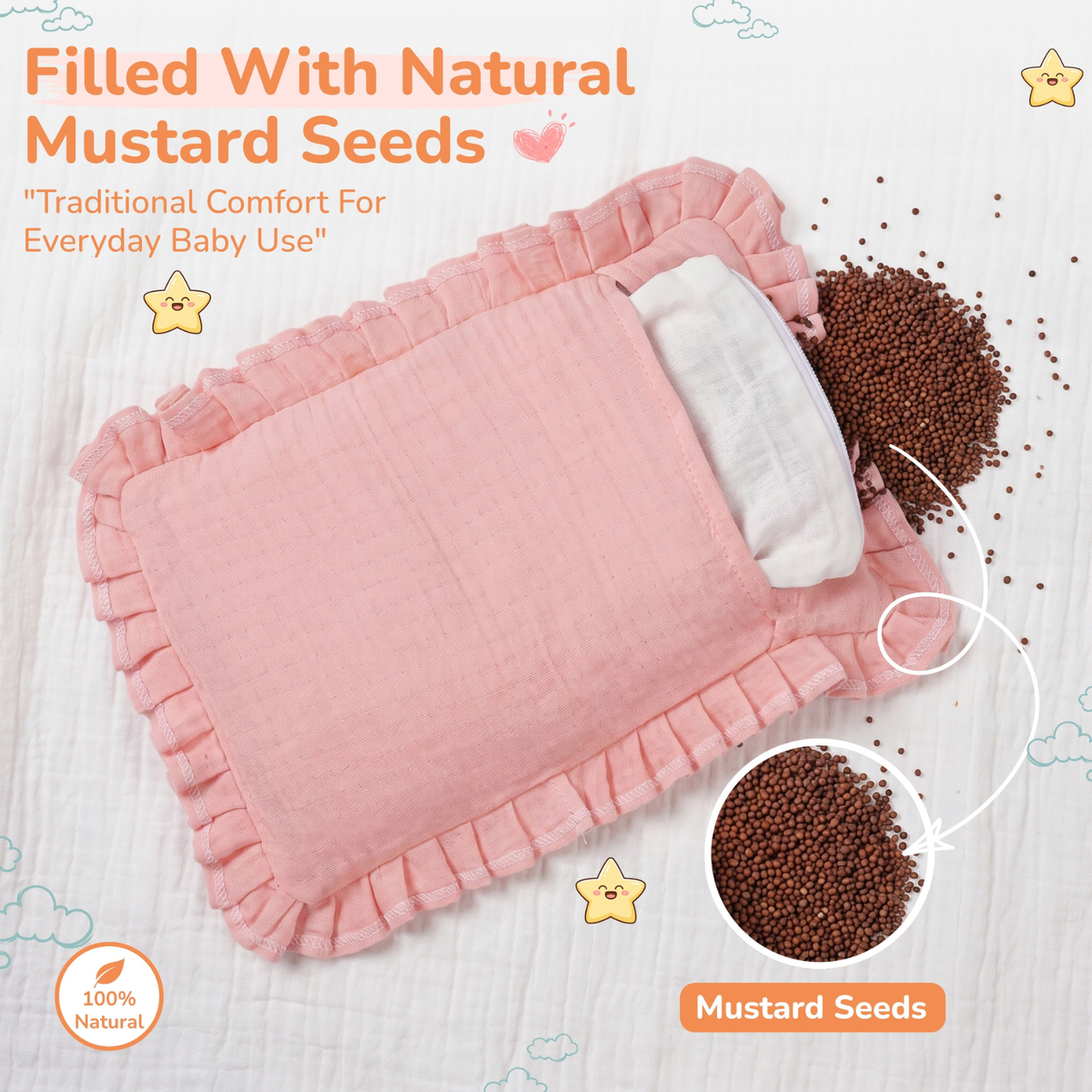 A pink mustard seed baby pillow shown on a white background with mustard seeds, plus text reading 'Filled With Natural Mustard Seeds' and a circular inset showing the seed texture.