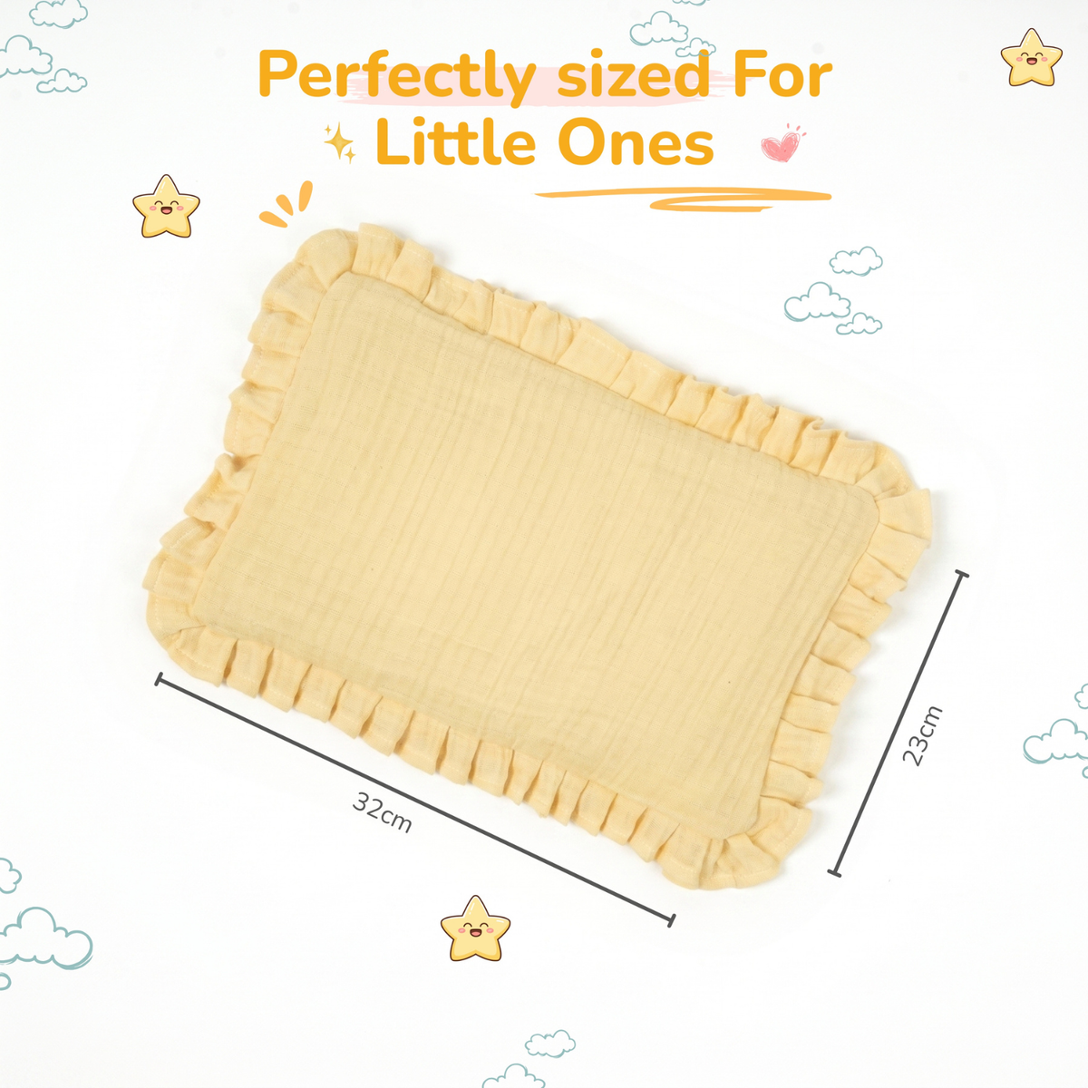 A pale yellow rectangular baby mustard seed pillow with ruffled edges, shown on a white background with dimension lines indicating 32cm by 23cm.