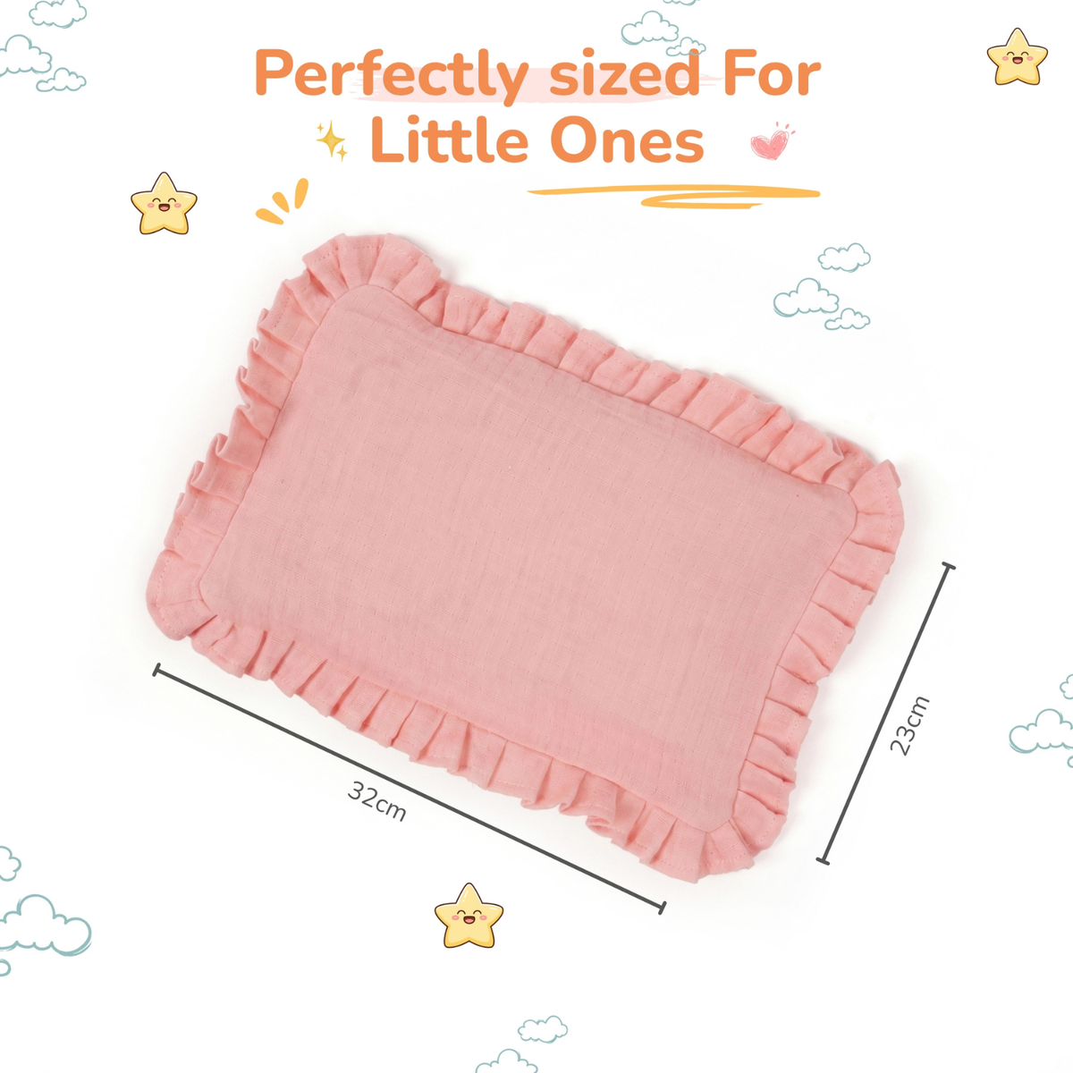 A pink rectangular baby mustard seed pillow with ruffled edges, shown on a white background with dimension lines indicating 32cm by 23cm.