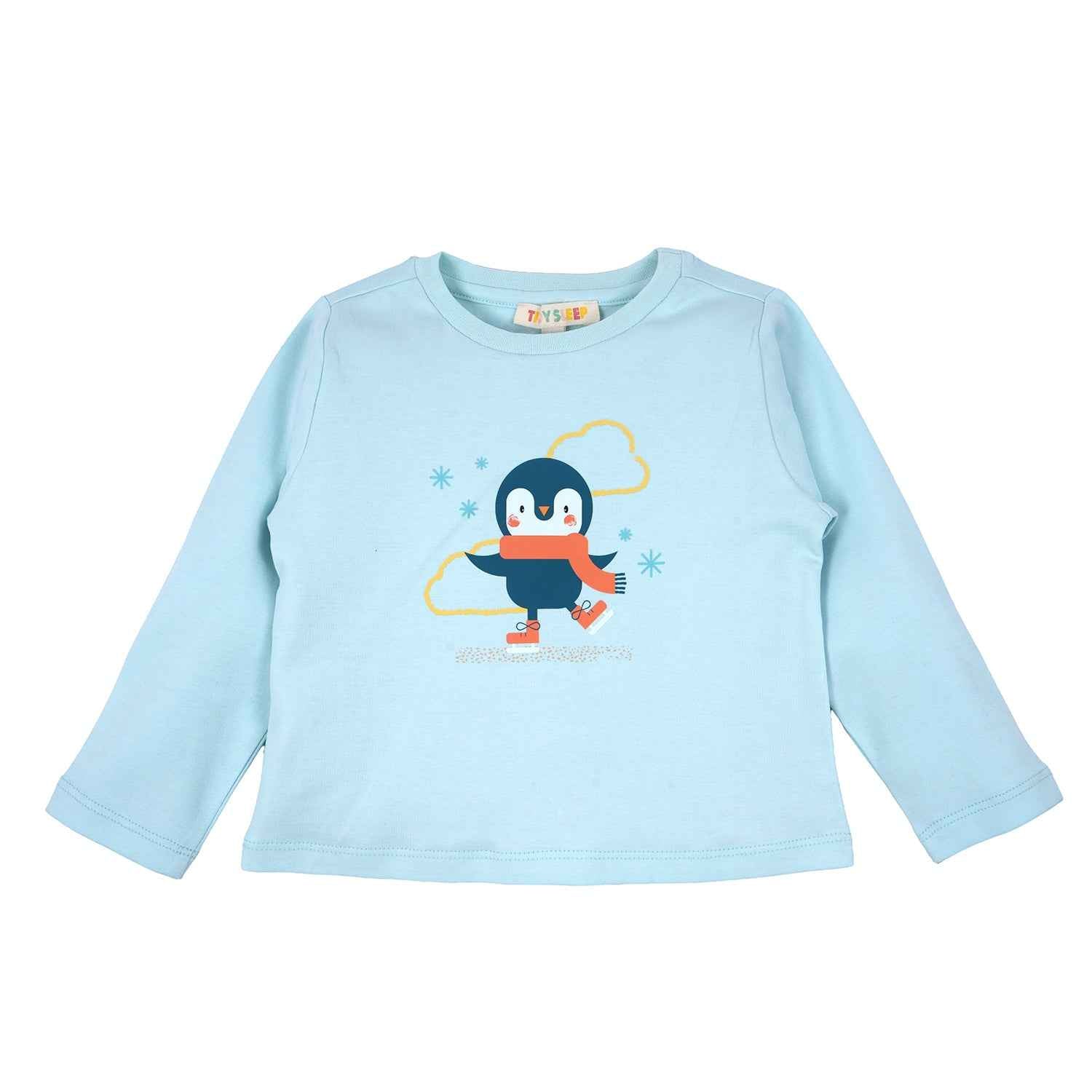 Baby's blue long-sleeve nightwear shirt with a large panda on the chest