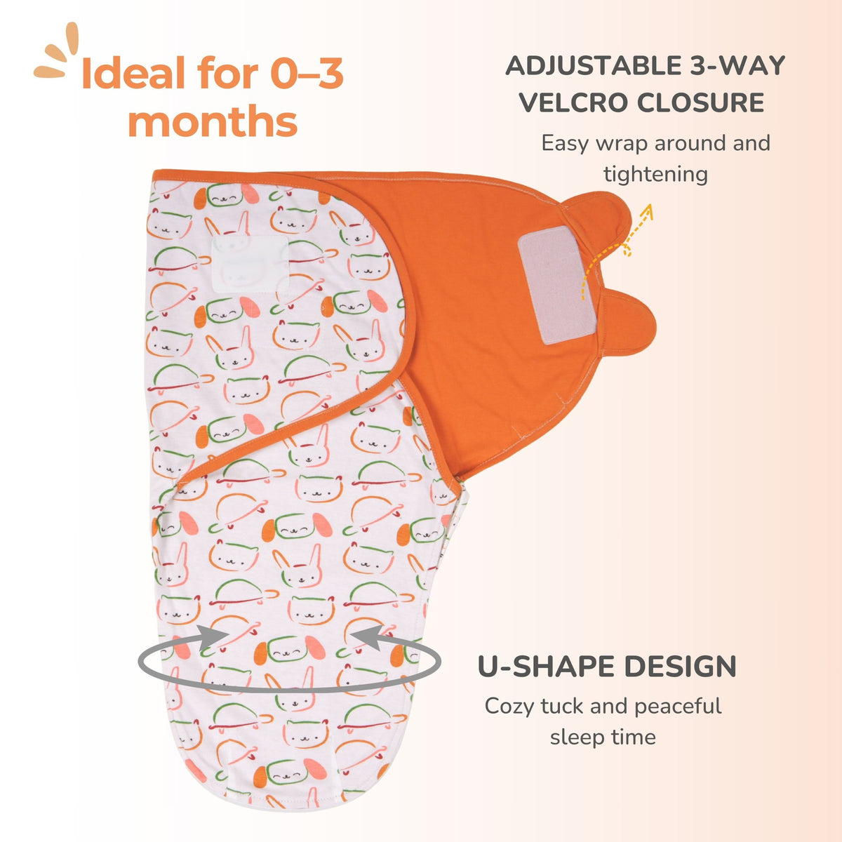 An adjustable baby sleep pod wrapper with a white background and orange cartoon bunny pattern, featuring an orange flap and ear detail, shown with text callouts explaining its features.