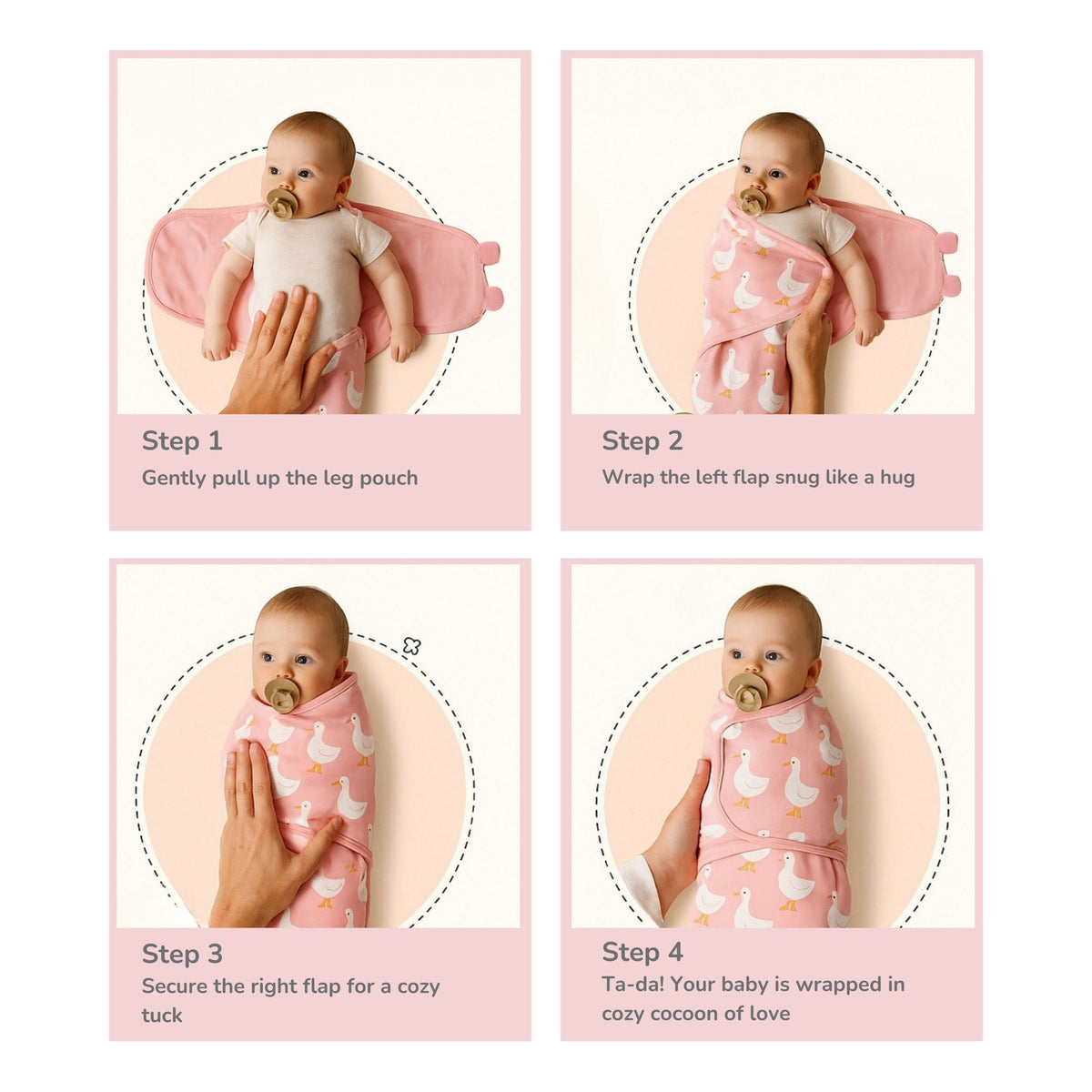 Four-panel instruction graphic showing a baby wrapped in a pink duck-pattern swaddle blanket, with text labels for Step 1 through Step 4 describing how to put the baby into a cozy swaddle.