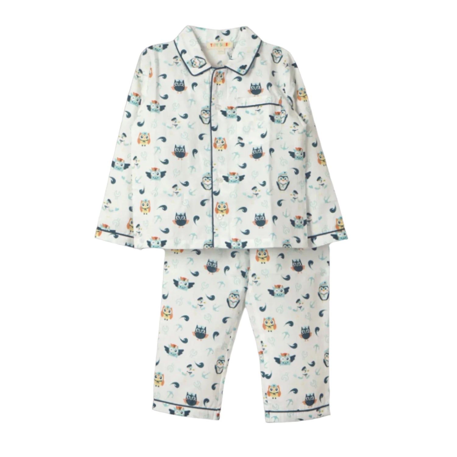White baby pajama set with an owl print, featuring a button-up shirt with a collar and matching pants, displayed on a neutral background.