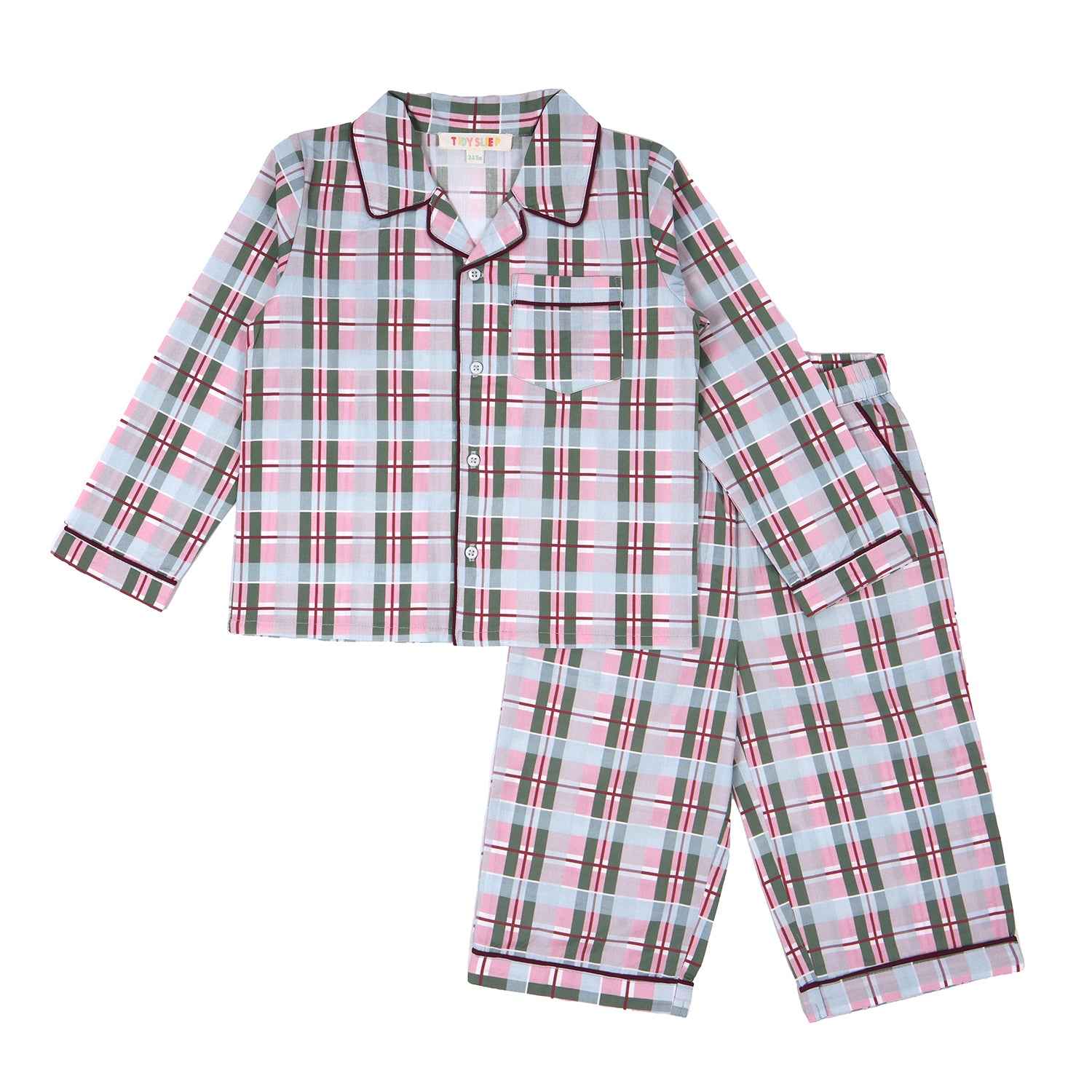 Baby's two-piece pajama set with a long-sleeve, button-up shirt and pants. The fabric features a plaid pattern in pink, gray, black, and white.
