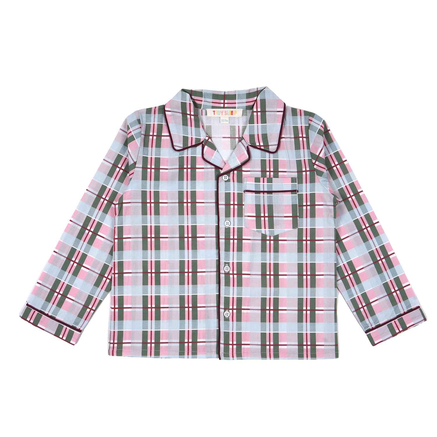 Baby's two-piece pajama set with a long-sleeve button up shirt with plaid pattern in pink, gray, black, and white.