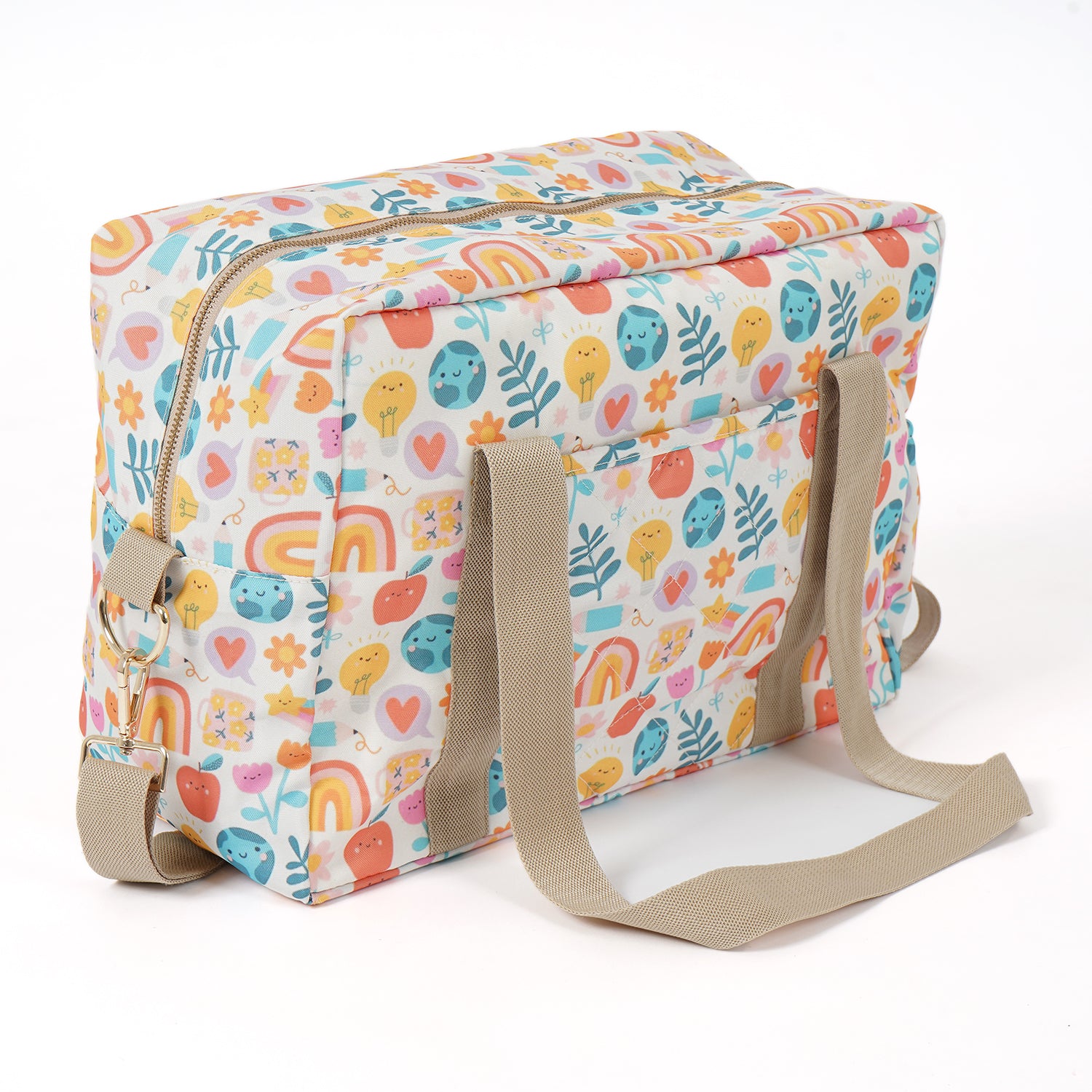 A colorful, patterned fabric bag with a rectangular shape, beige straps, and a playful design featuring rainbows, hearts, flowers, and smiling faces