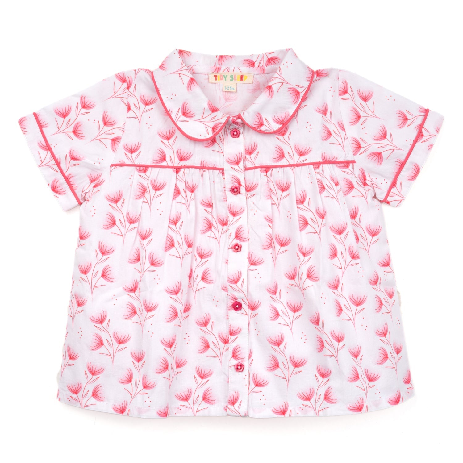 Short-sleeved white top for baby girl decorated with pink floral patterns, featuring a collar and button-down front.