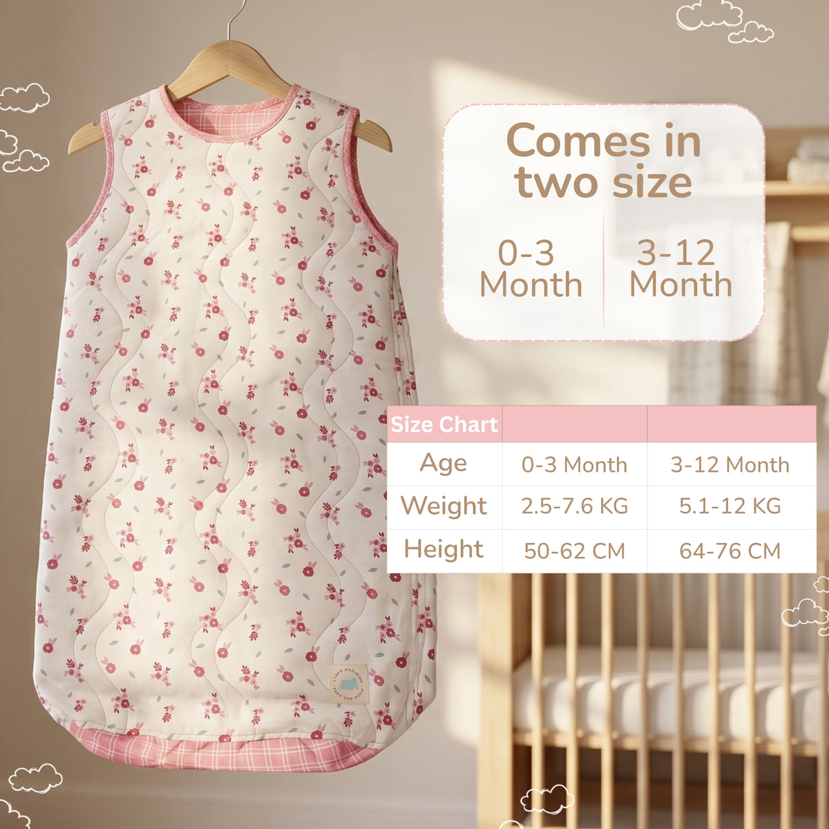A sleeveless quilted baby sleep sack with a pink cherry print hangs on a wooden hanger in a softly lit nursery. Text overlays show size information for 0-3 month and 3-12 month sizes, plus a size chart table.
