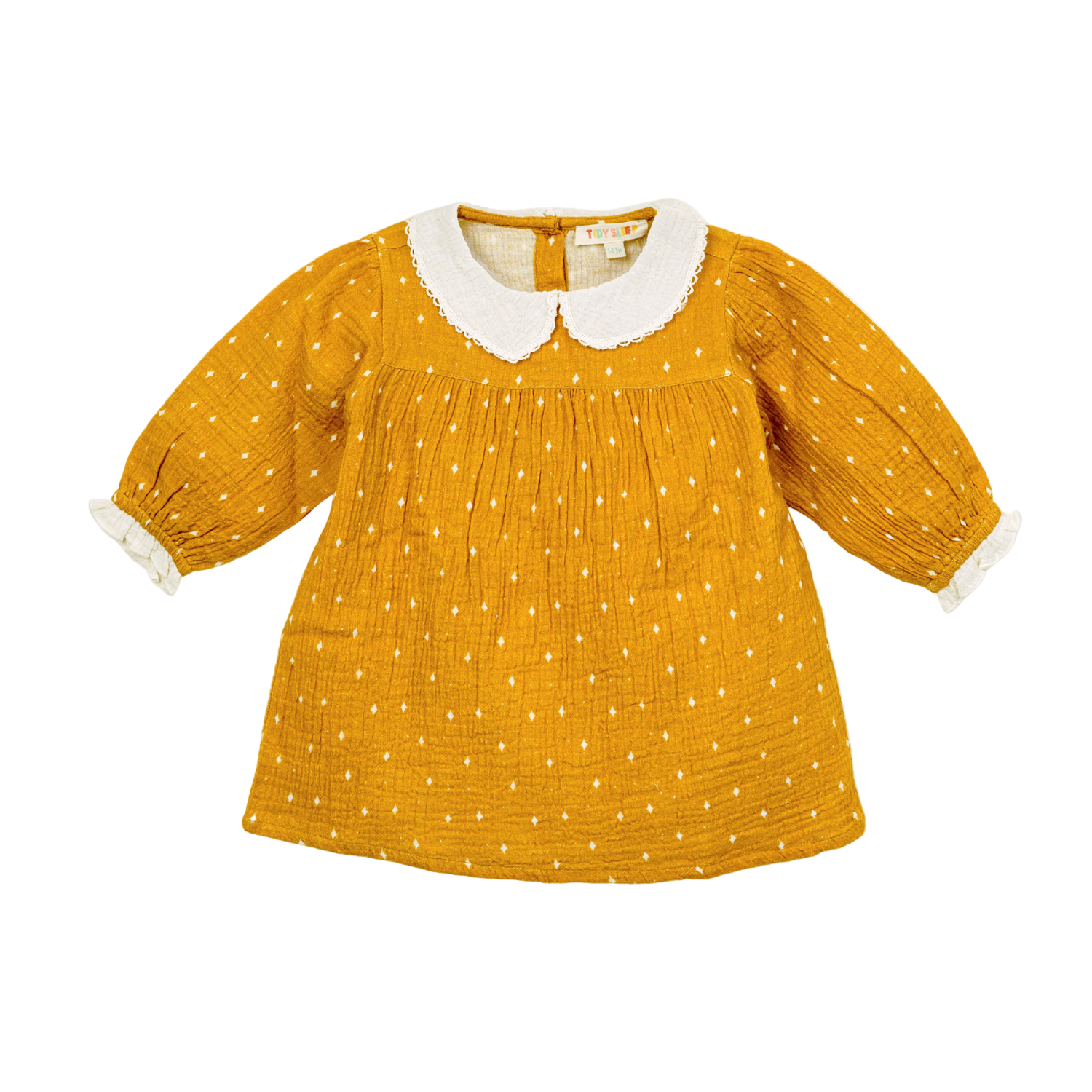 Golden-yellow shirt with white polka dots, featuring a lace-collared neckline and long puffed sleeves. Perfect for a child's wardrobe.